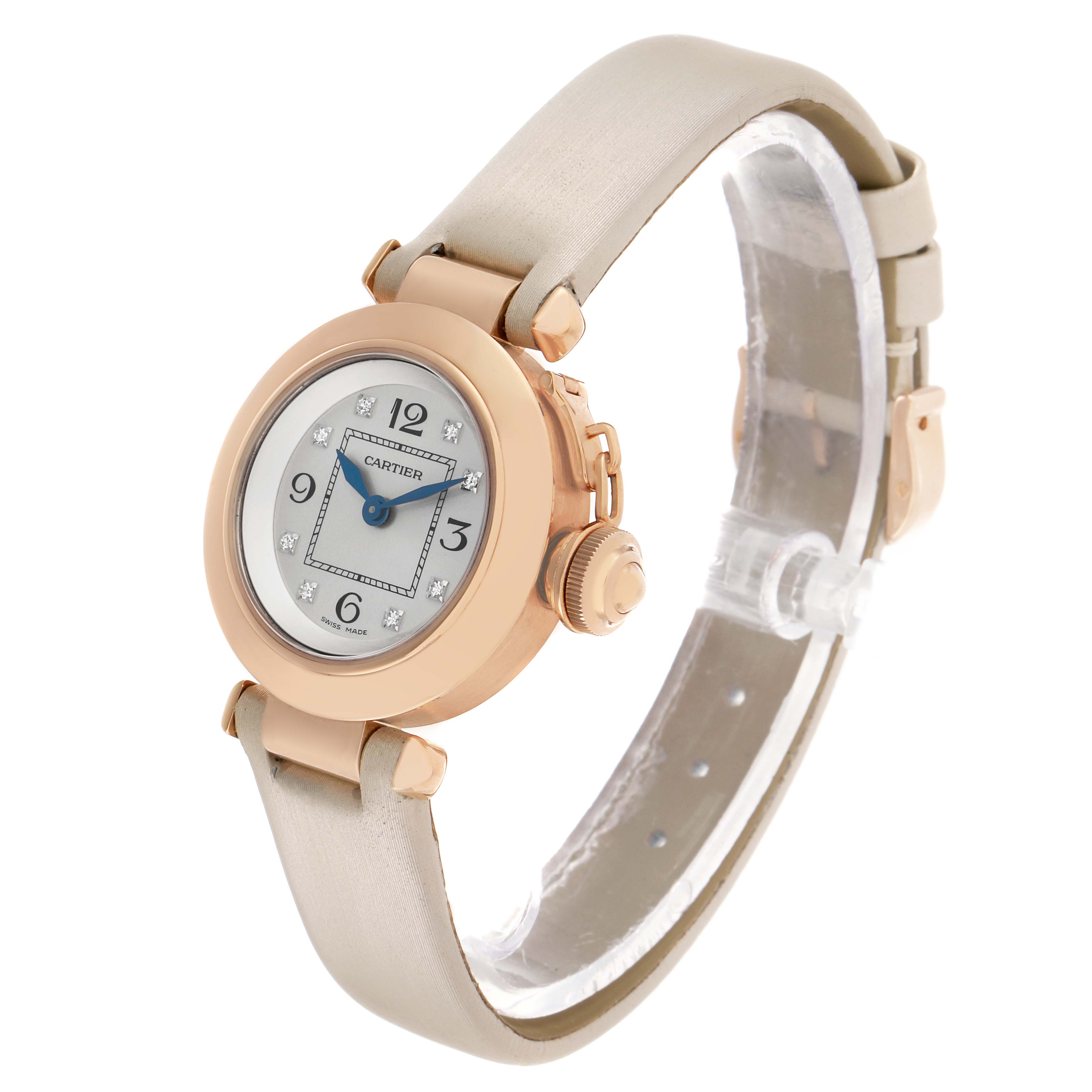 The Cartier Pasha WJ124028 Women's Rose Gold Silver Dial watch is shown at a three-quarter angle, displaying the face, crown, and beige strap.