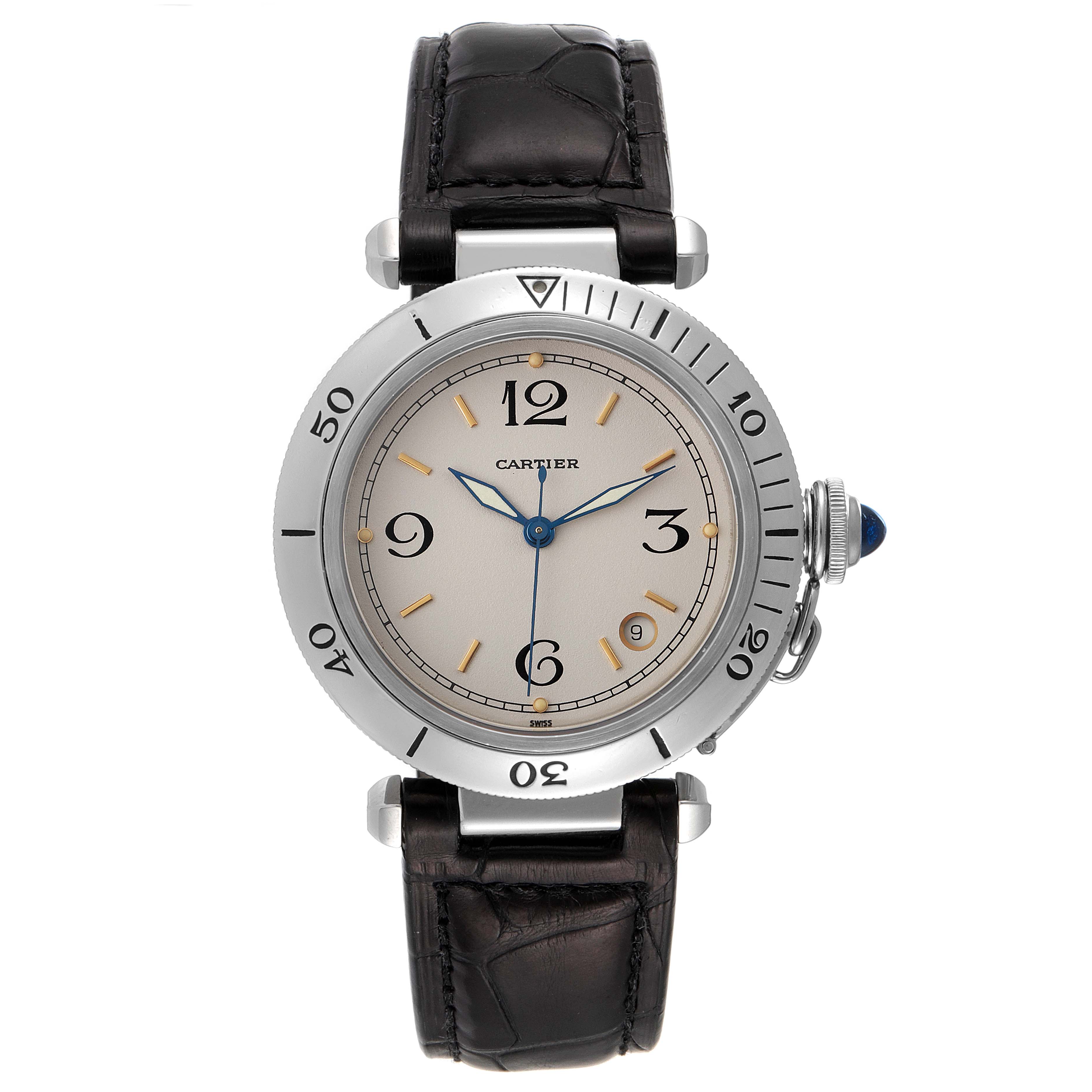 Cartier Pasha 38mm Ivory Dial Black Strap Steel Mens Watch | SwissWatchExpo