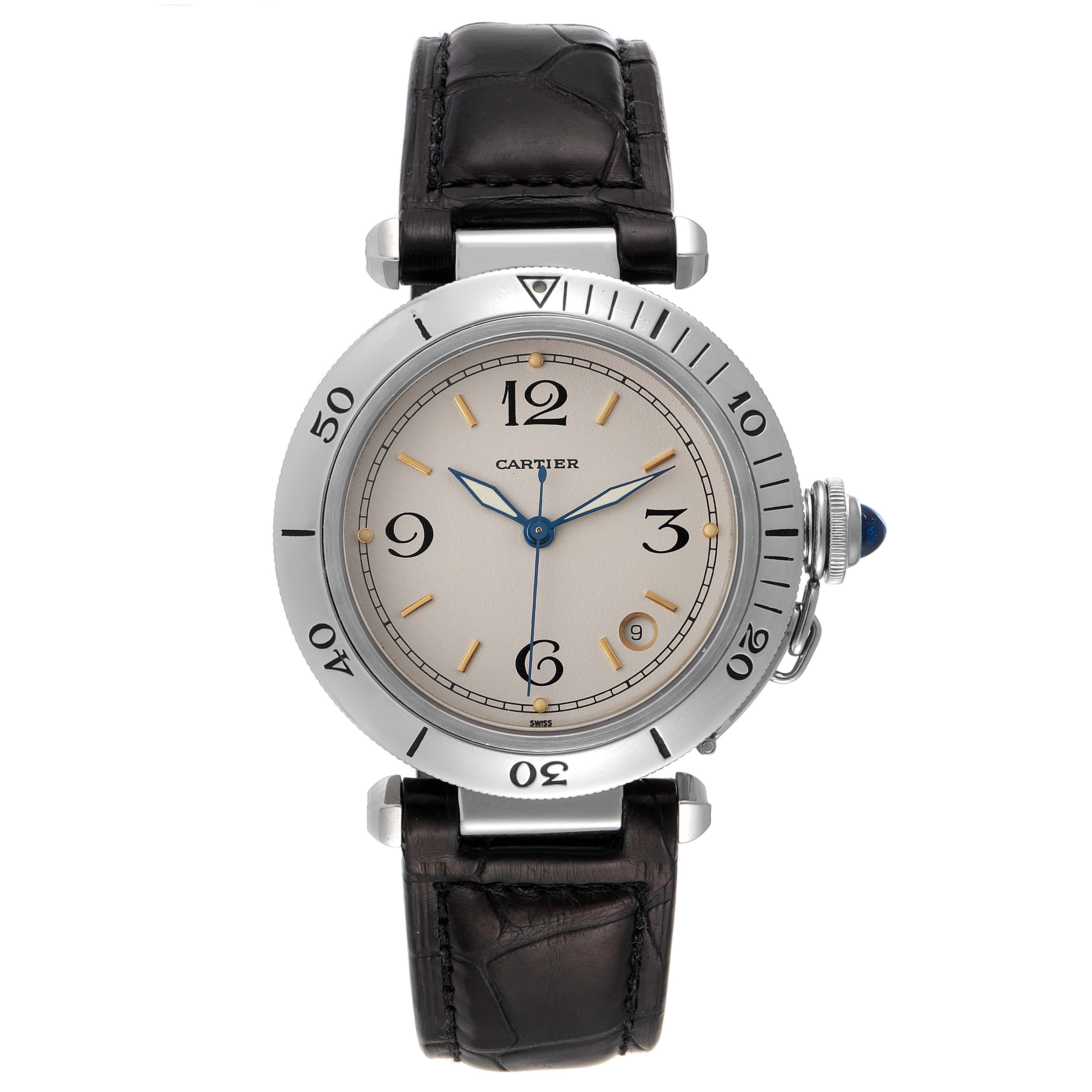 The image shows a frontal view of a Cartier Pasha Men's Stainless Steel Beige Dial Men's Stainless Steel Beige Dial watch, highlighting its face, bezel, and leather strap.