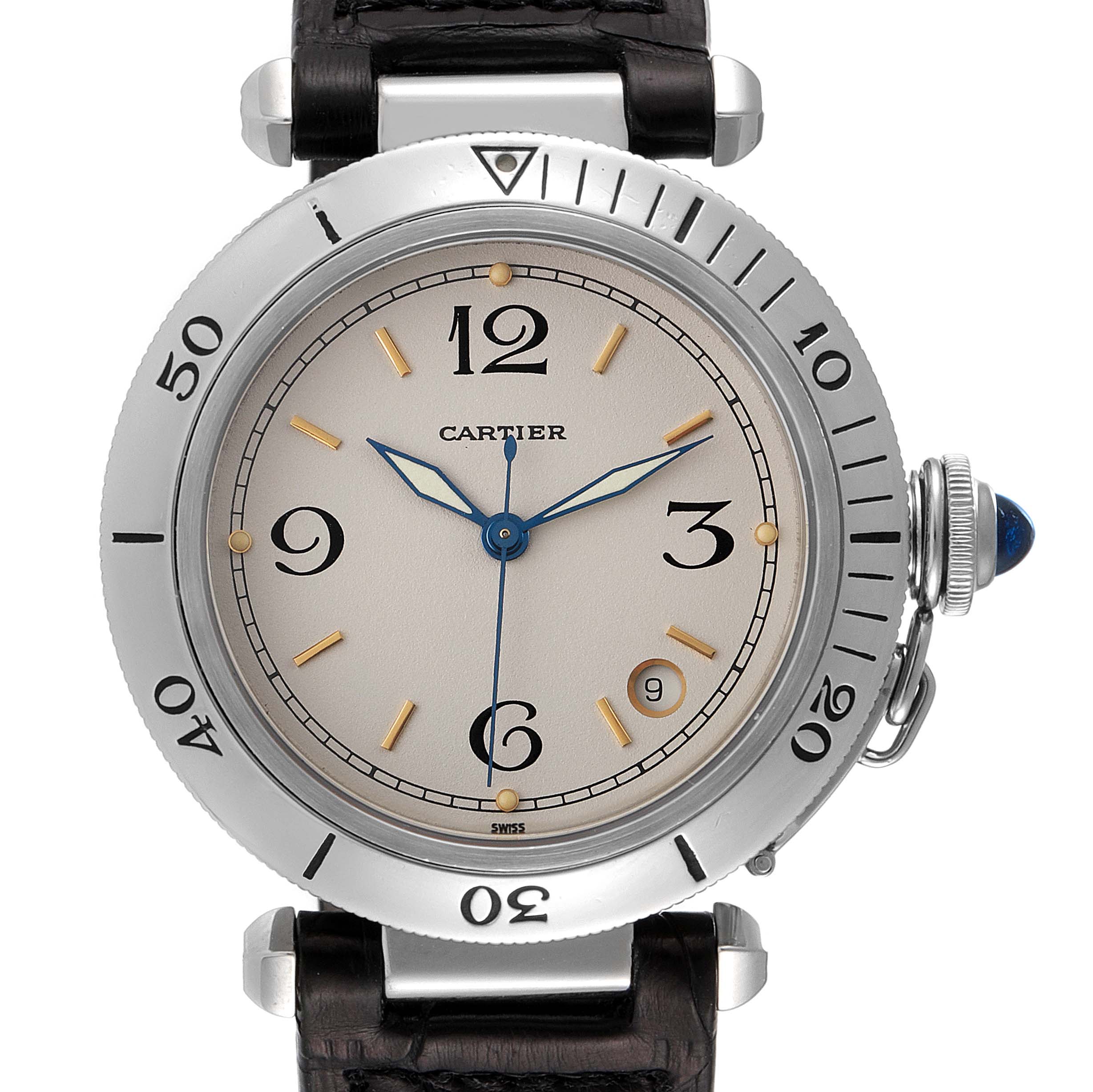 The image shows a front view of a Cartier Pasha Men's Stainless Steel Beige Dial Men's Stainless Steel Beige Dial watch, displaying the dial, bezel, crown, and part of the strap.