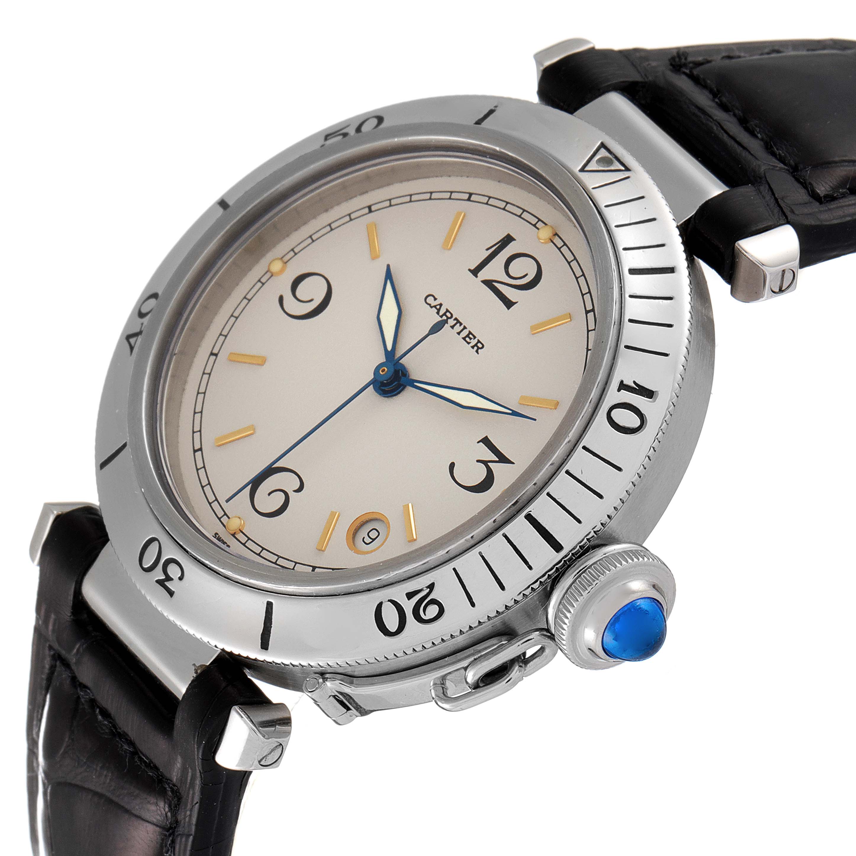 The image shows a close-up, angled view of the Cartier Pasha Men's Stainless Steel Beige Dial Men's Stainless Steel Beige Dial watch displaying its face, bezel, crown, and part of the leather strap.