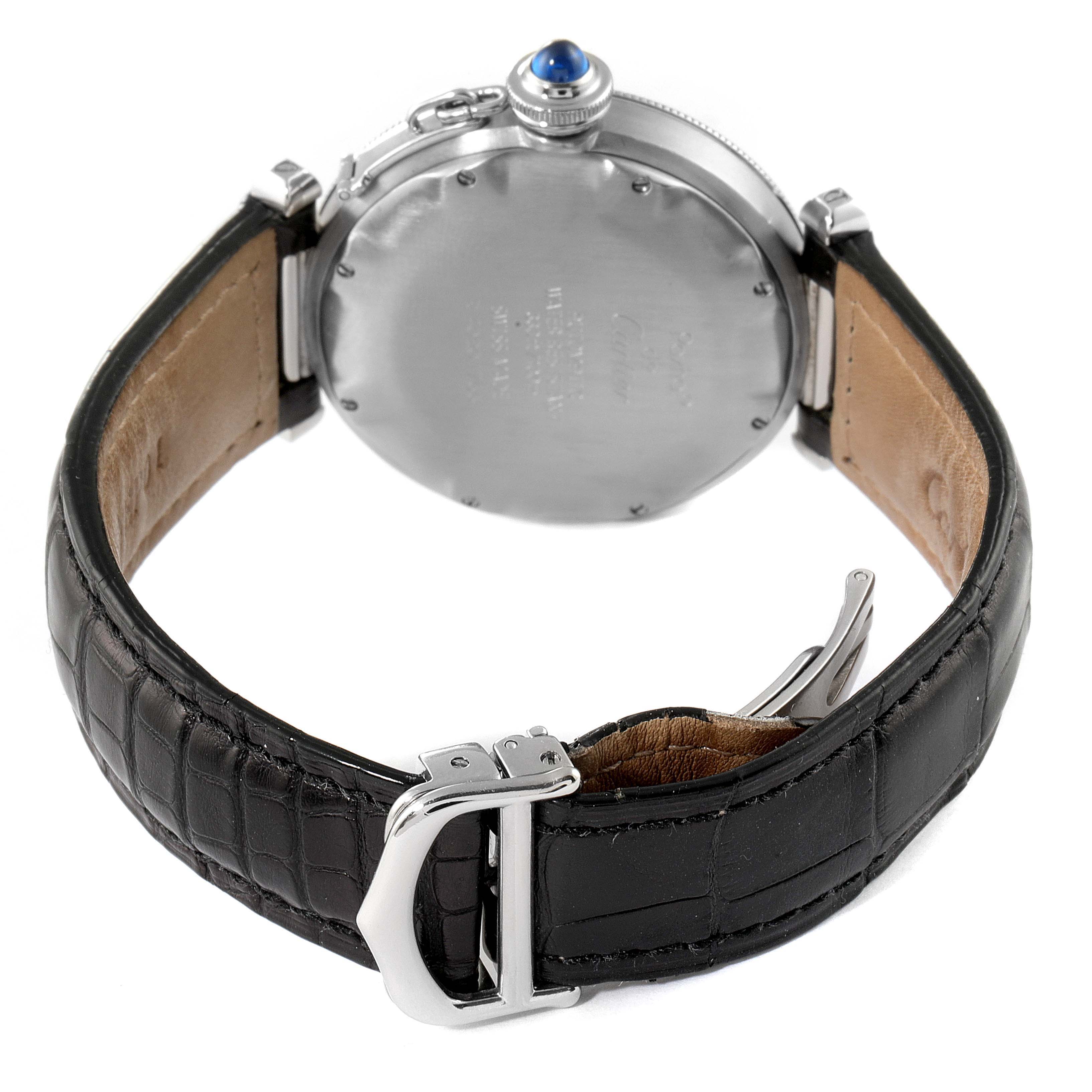 The image shows the back of a Cartier Pasha Men's Stainless Steel Beige Dial Men's Stainless Steel Beige Dial watch, highlighting the case back, crown, and leather strap with buckle.