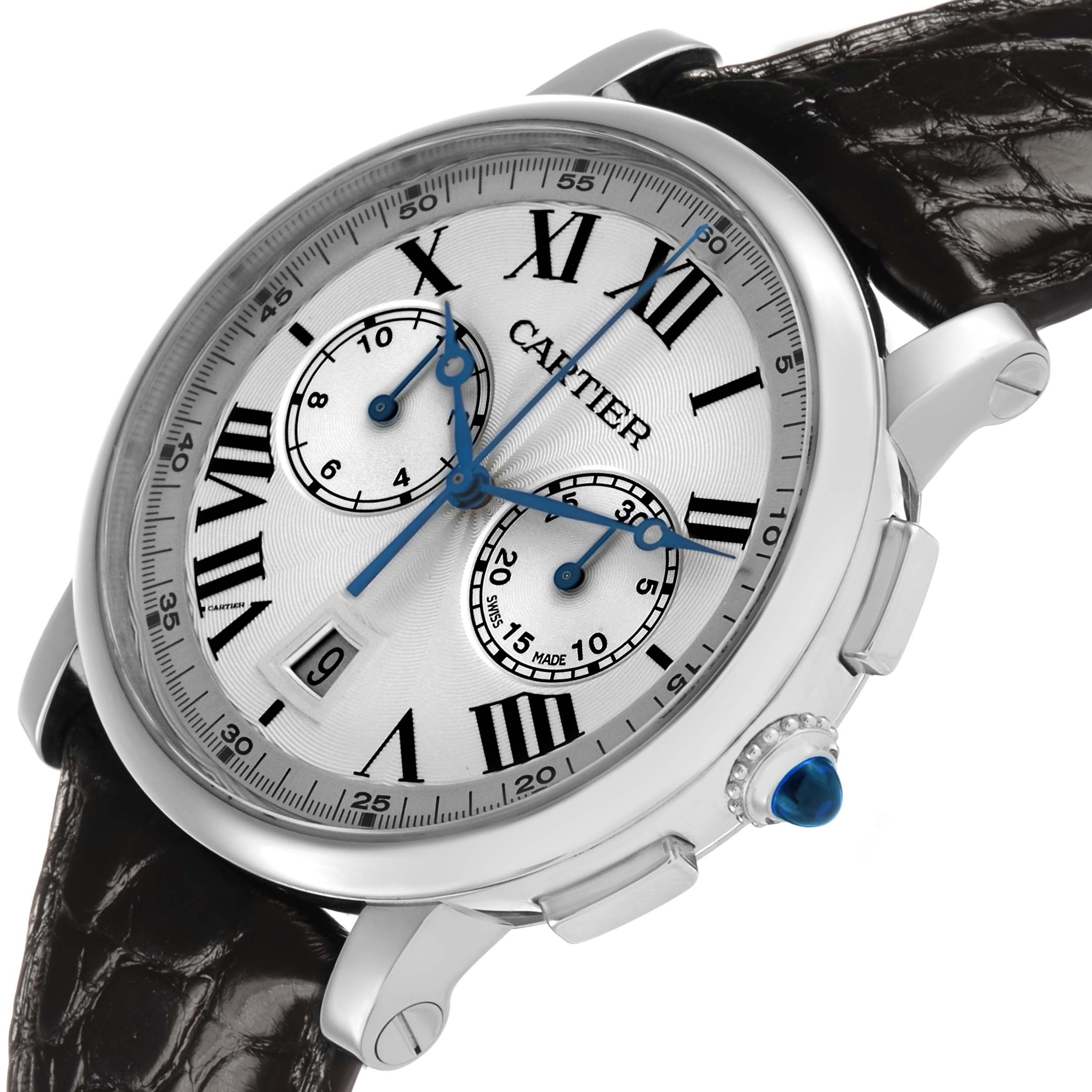 The Cartier Rotonde WSRO0002 Men's Stainless Steel Silver Dial watch is shown at a slight side angle highlighting the face, chronograph dials, and leather strap.
