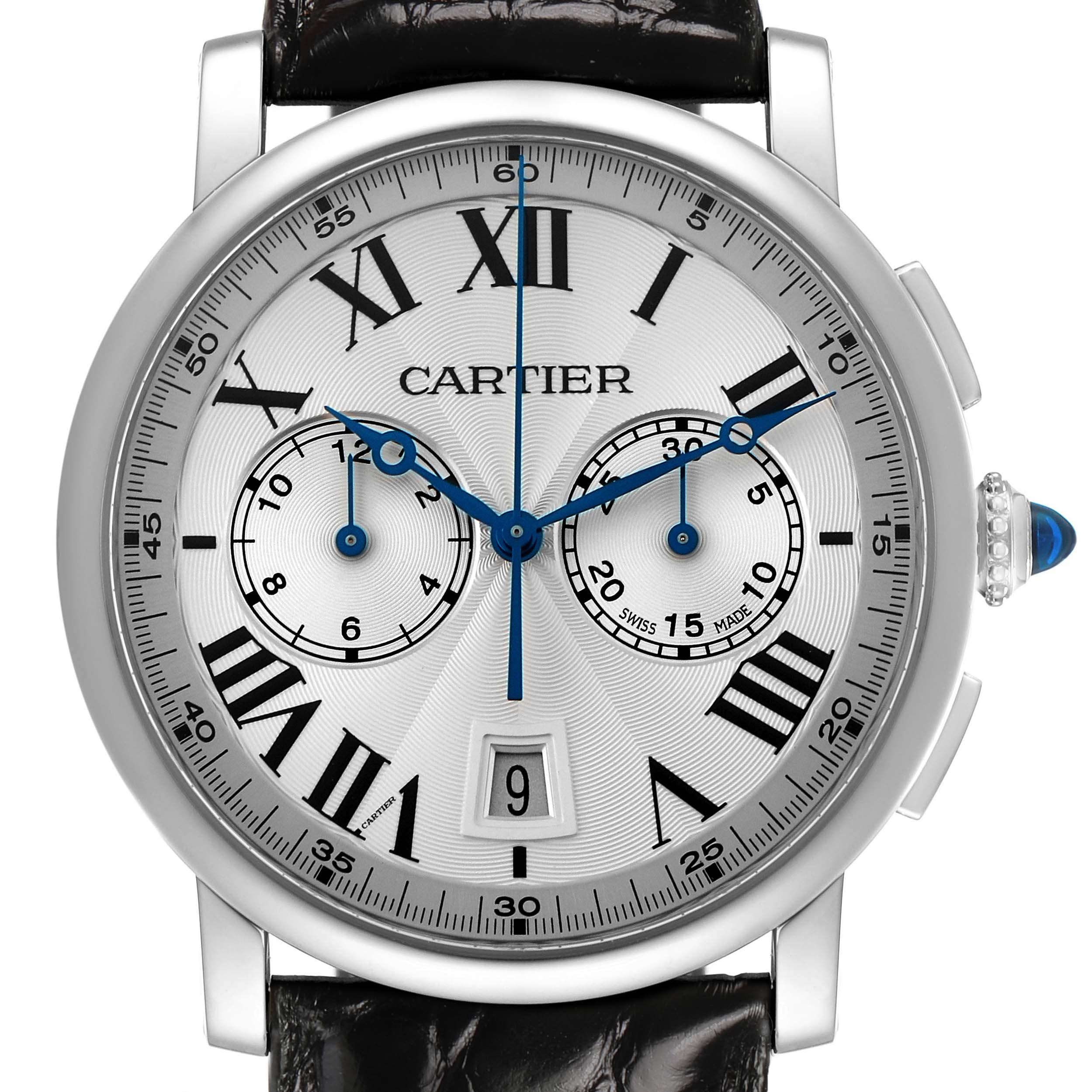 The Cartier Rotonde WSRO0002 Men's Stainless Steel Silver Dial watch is shown from a front angle, displaying the dial, Roman numerals, subdials, and crown.