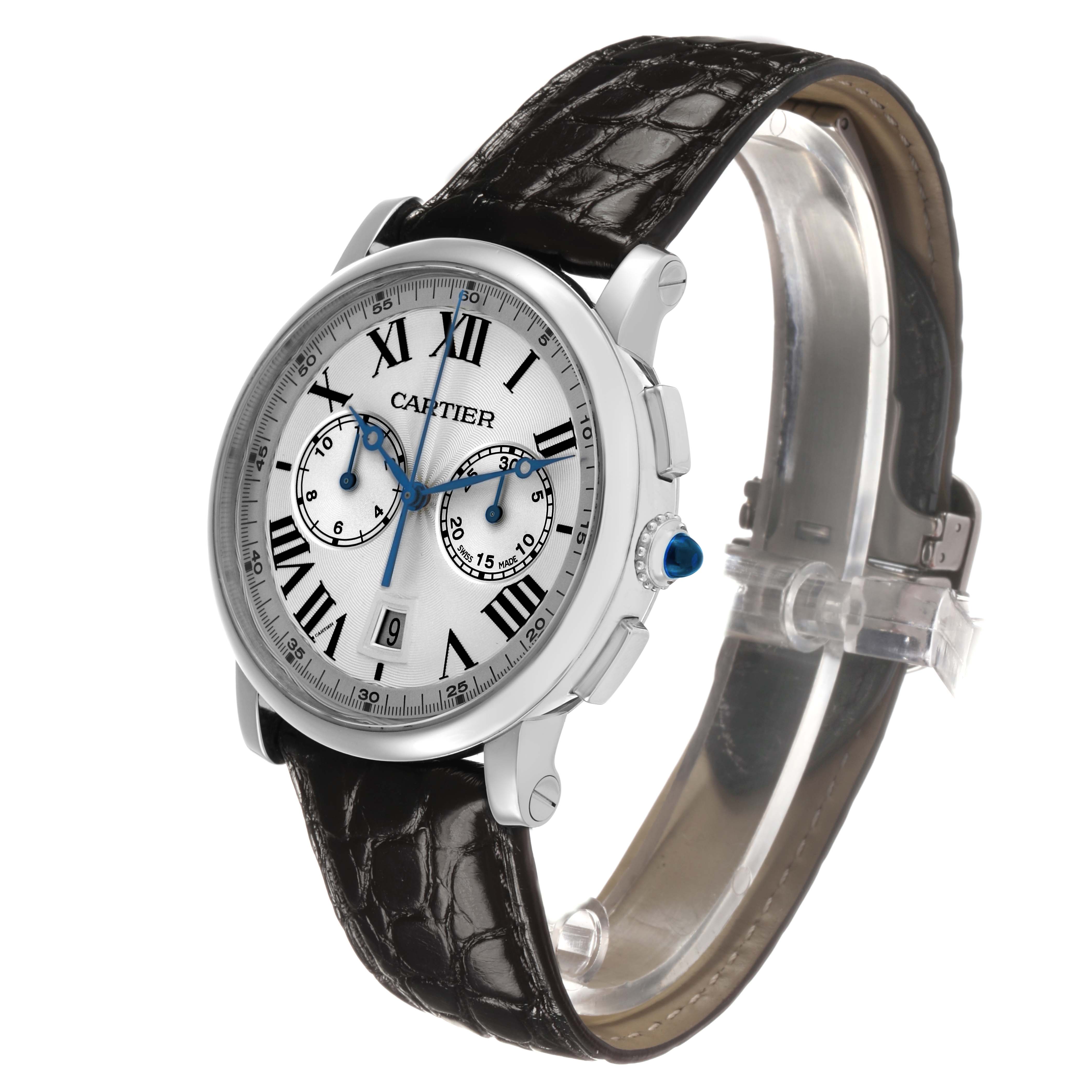 The Cartier Rotonde WSRO0002 Men's Stainless Steel Silver Dial watch is shown at a three-quarter angle, highlighting its dial, leather strap, and side crown.