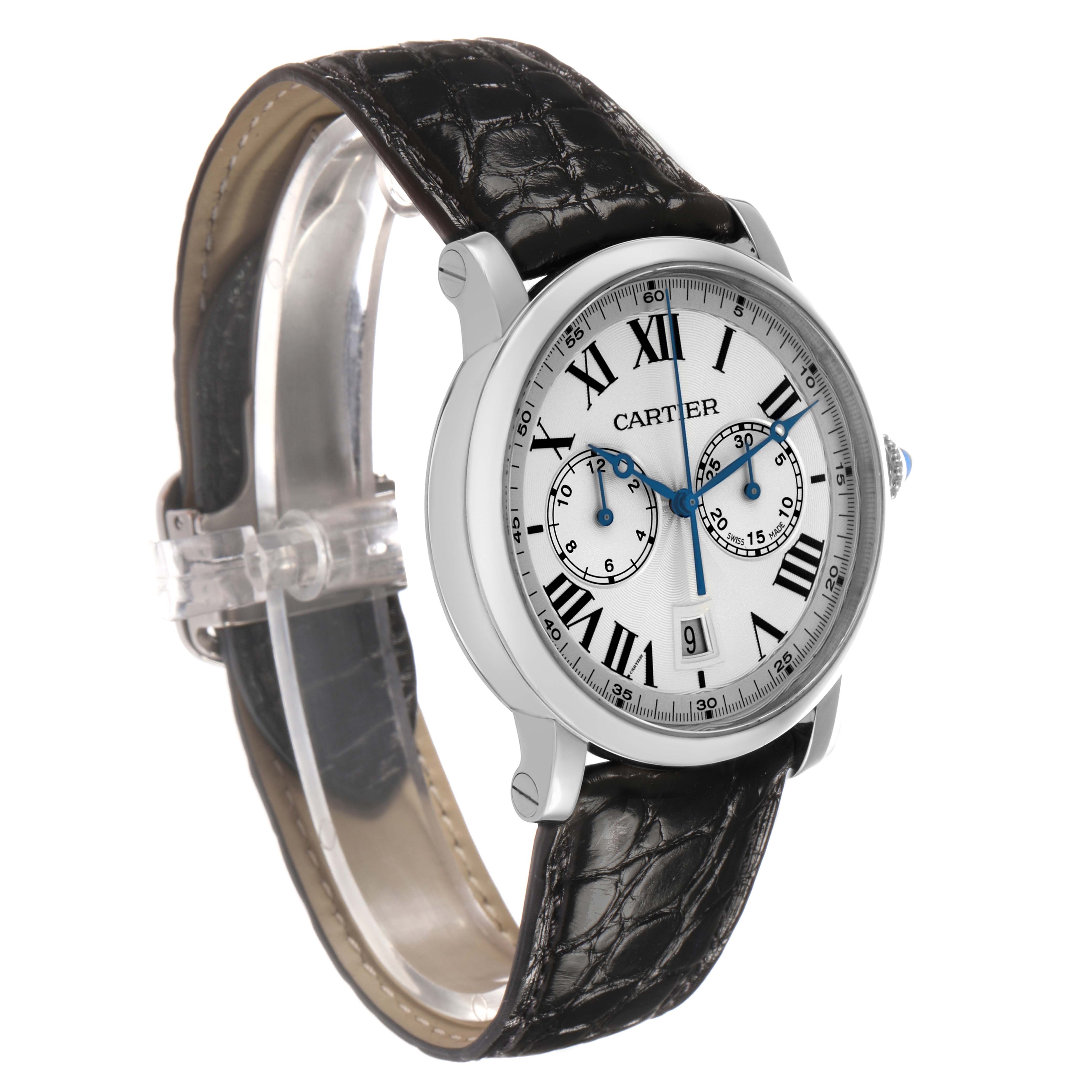 The Cartier Rotonde WSRO0002 Men's Stainless Steel Silver Dial watch is shown at a three-quarter angle, displaying the face, strap, and crown.