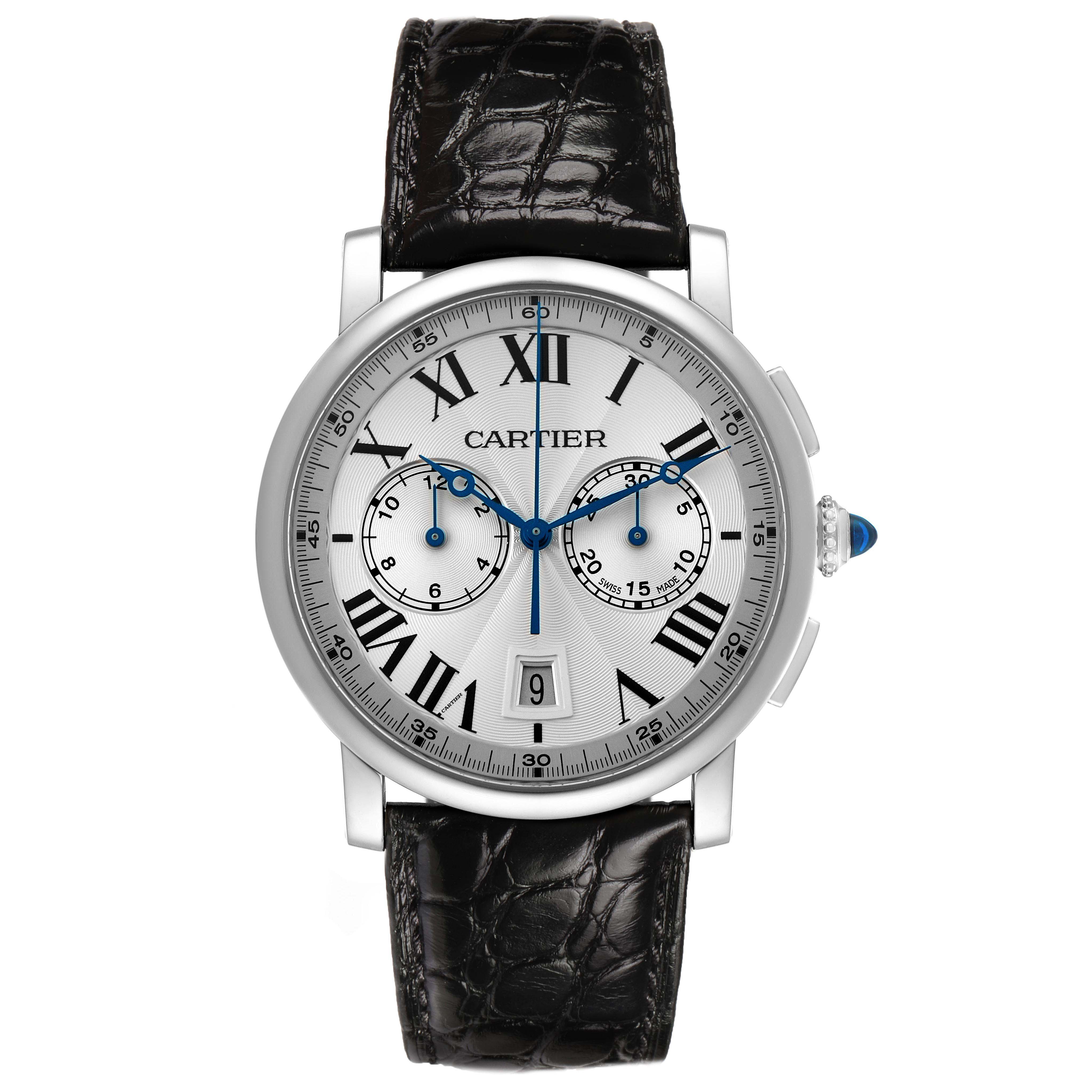 The Cartier Rotonde WSRO0002 Men's Stainless Steel Silver Dial watch is shown from a front angle, displaying its Roman numeral dial, subdials, and black leather strap.