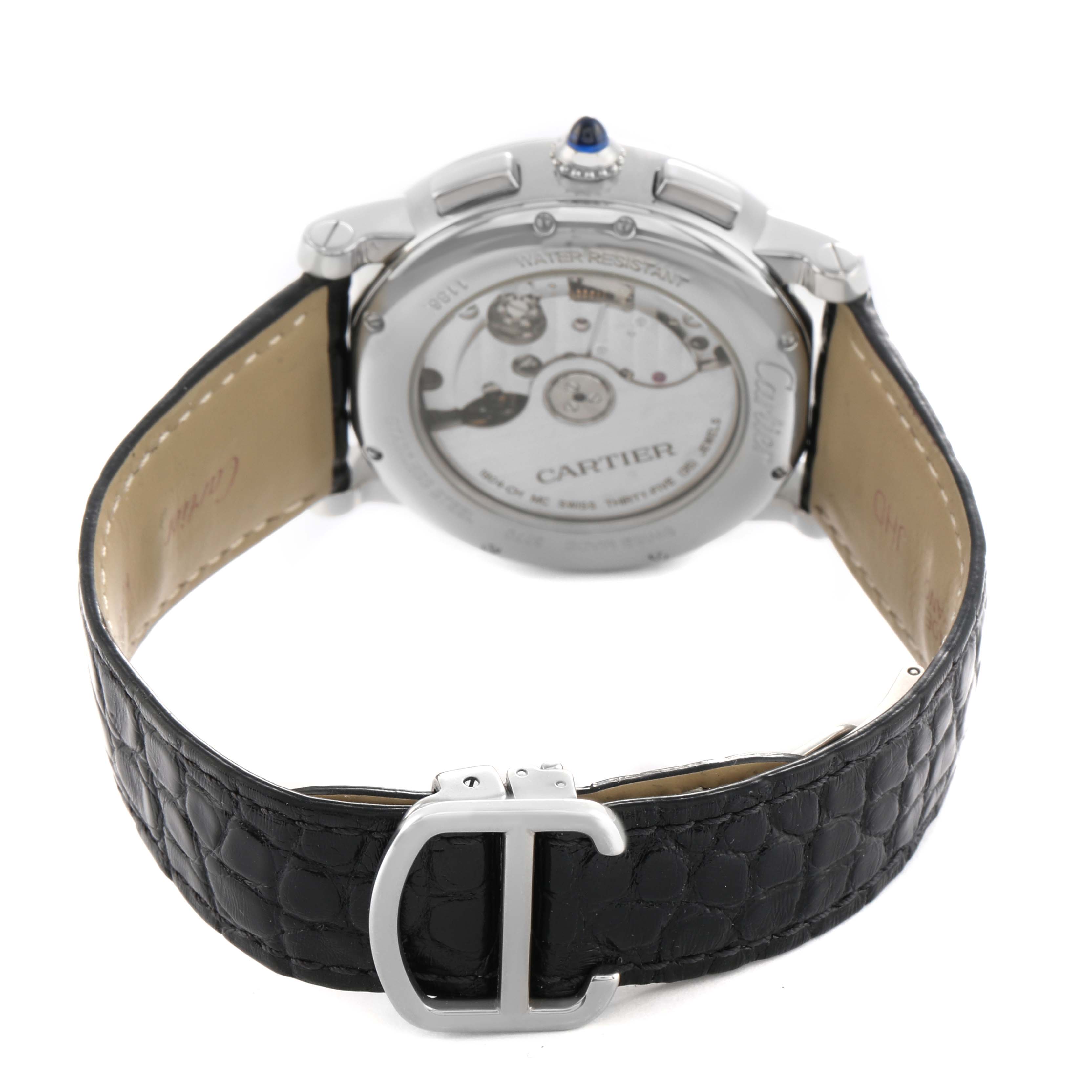 The image shows the back of a Cartier Rotonde WSRO0002 Men's Stainless Steel Silver Dial watch, highlighting the movement and black leather strap with buckle.