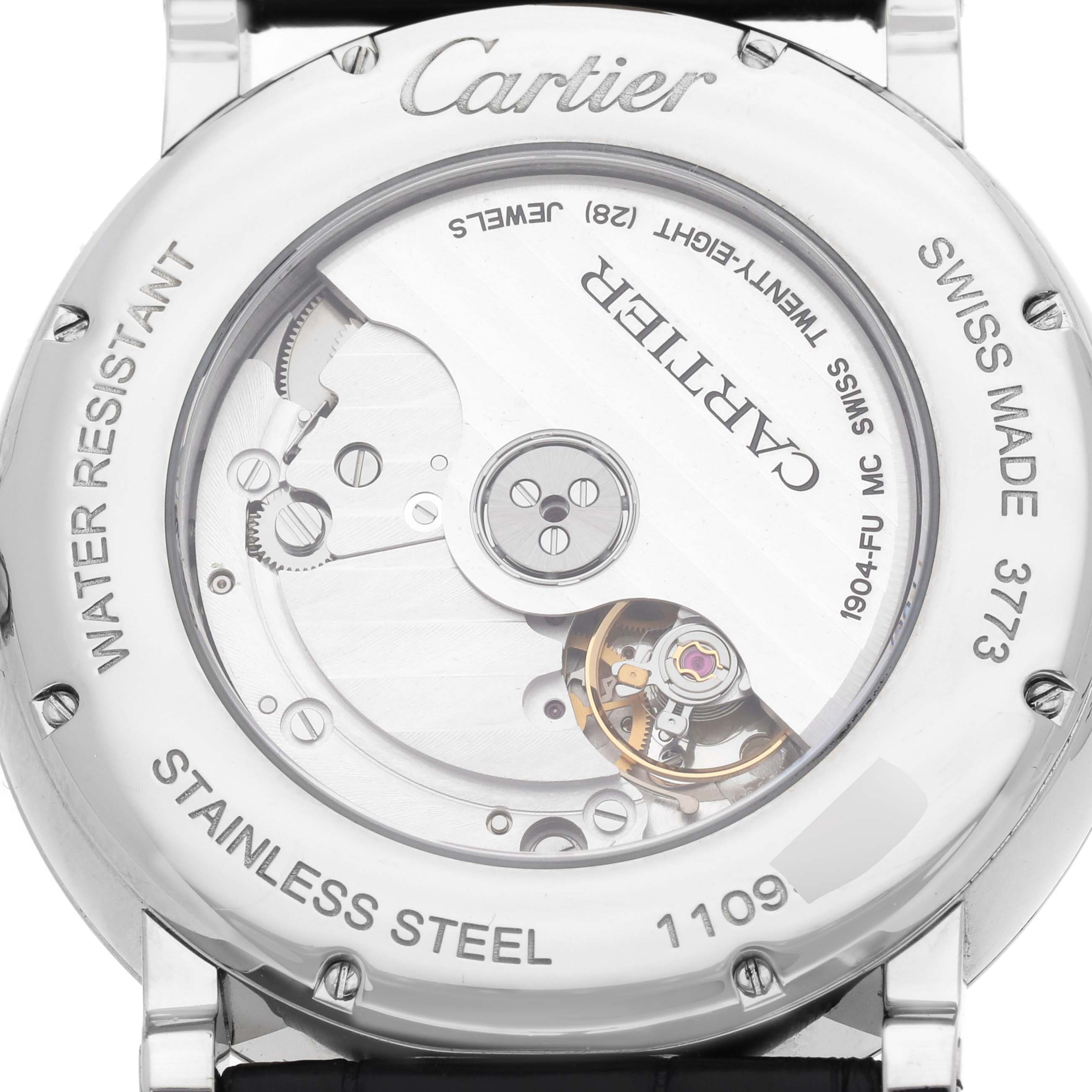 The image shows the back view of a Cartier Rotonde W1556368 Men's Stainless Steel Silver Dial watch, highlighting its movement and engravings.