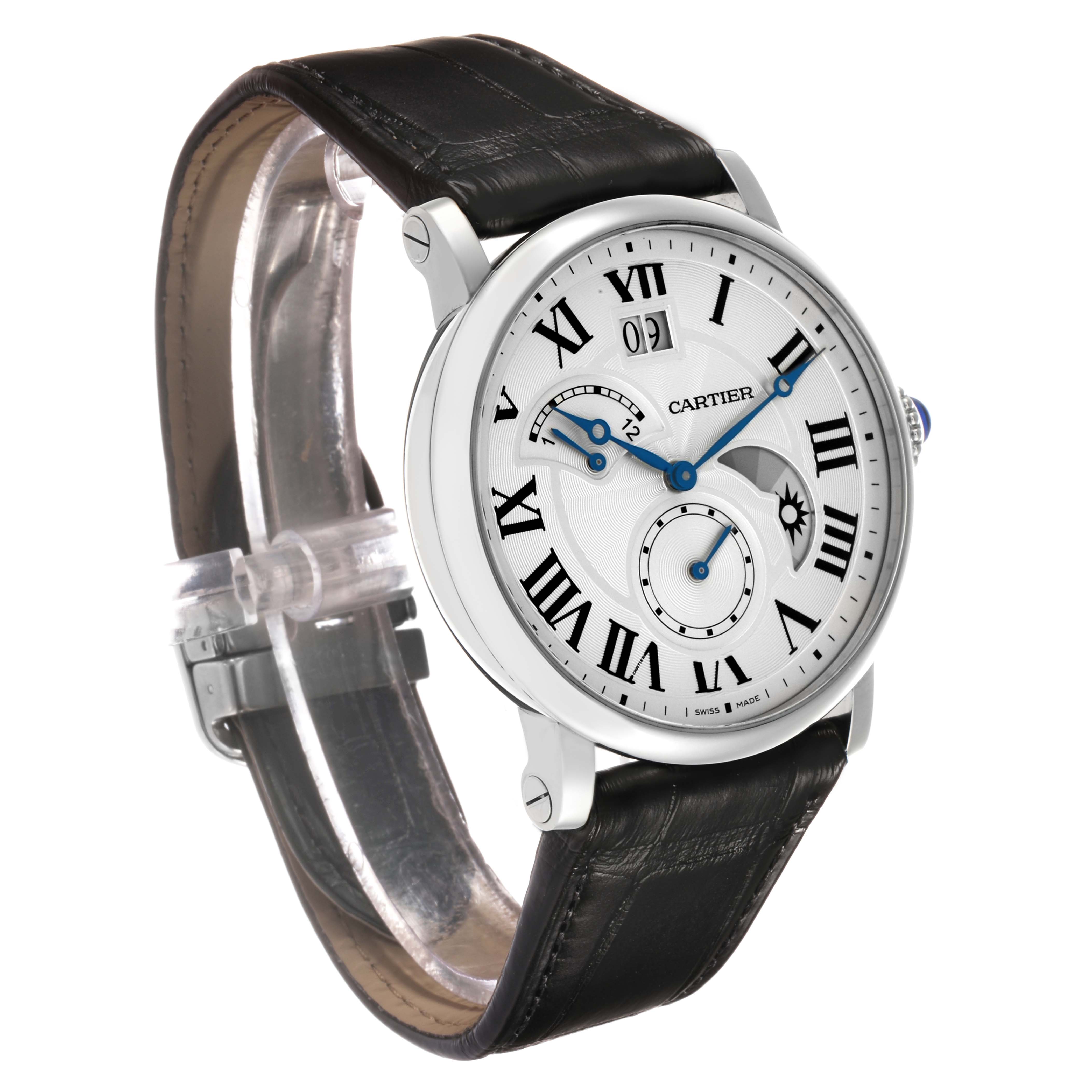 The Rotonde by Cartier is shown from a slight angle, featuring its dial, case, and black leather strap.
