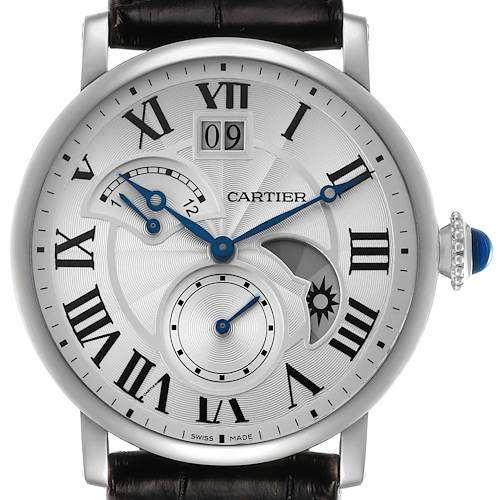 The Cartier Rotonde W1556368 Men's Stainless Steel Silver Dial watch is shown from the front, displaying the dial, Roman numerals, subdials, date, and crown.