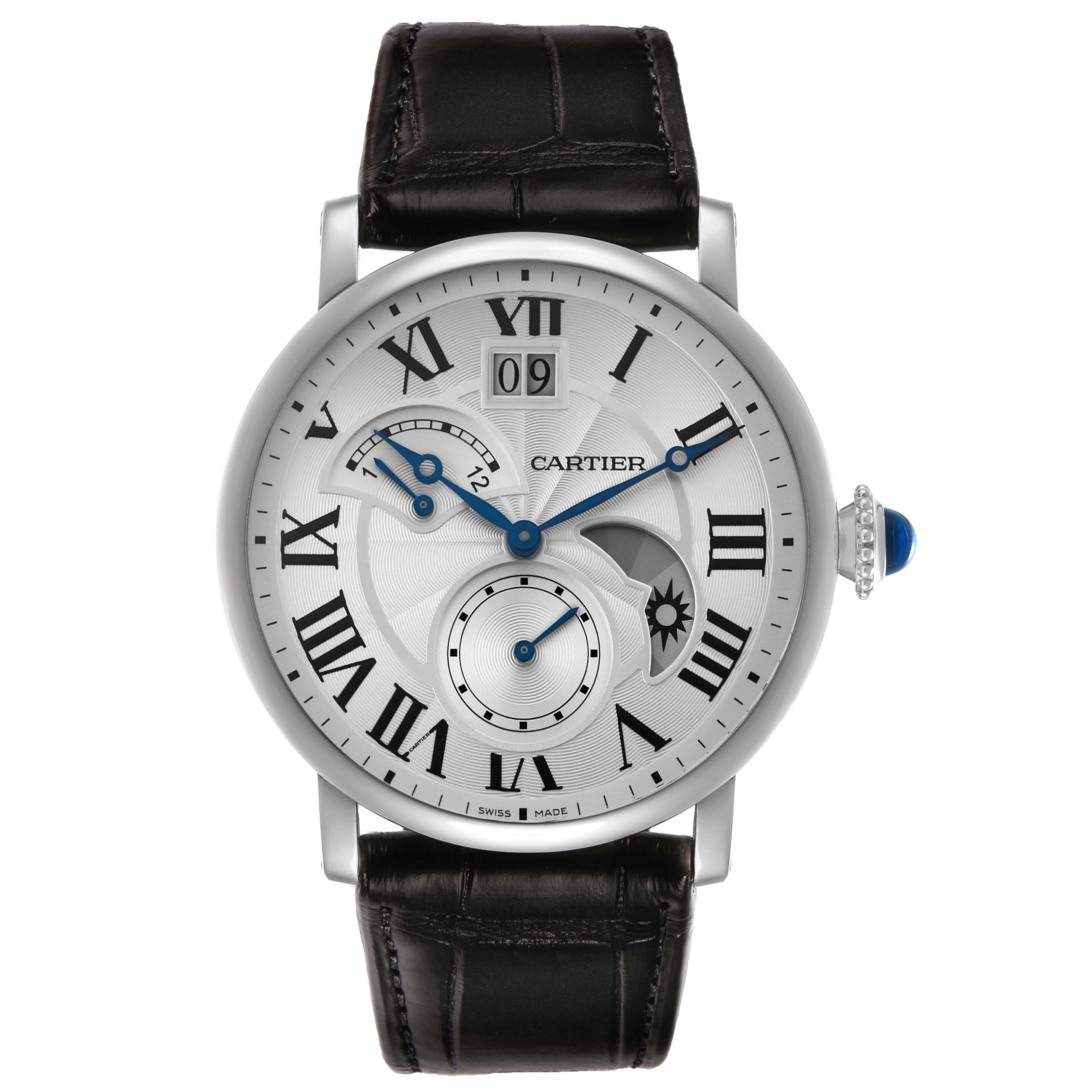 The Cartier Rotonde W1556368 Men's Stainless Steel Silver Dial watch is shown from the front, highlighting the dial, Roman numerals, subdials, and leather strap.