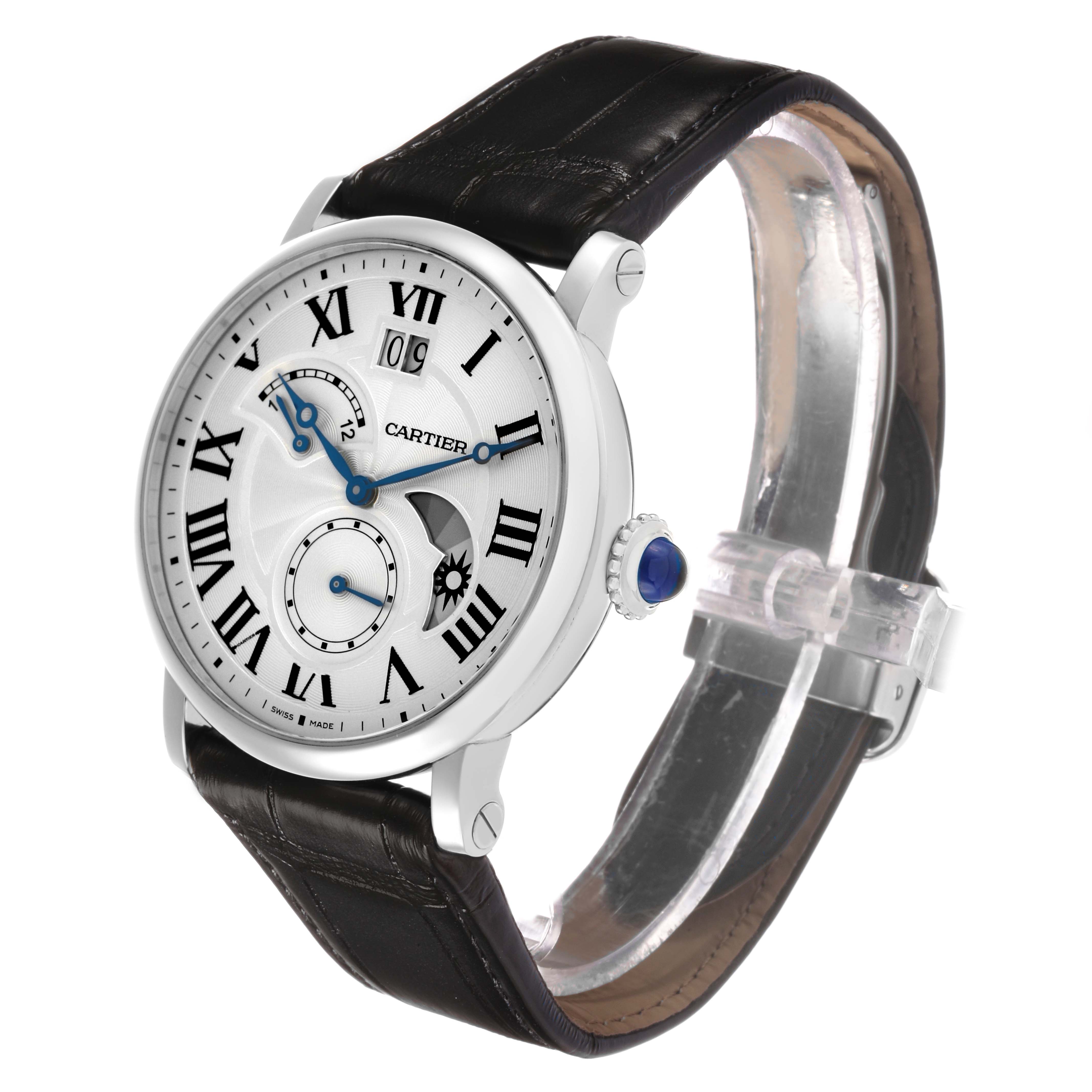 The Cartier Rotonde W1556368 Men's Stainless Steel Silver Dial watch is shown at a slight angle, displaying the dial, crown, and leather strap.