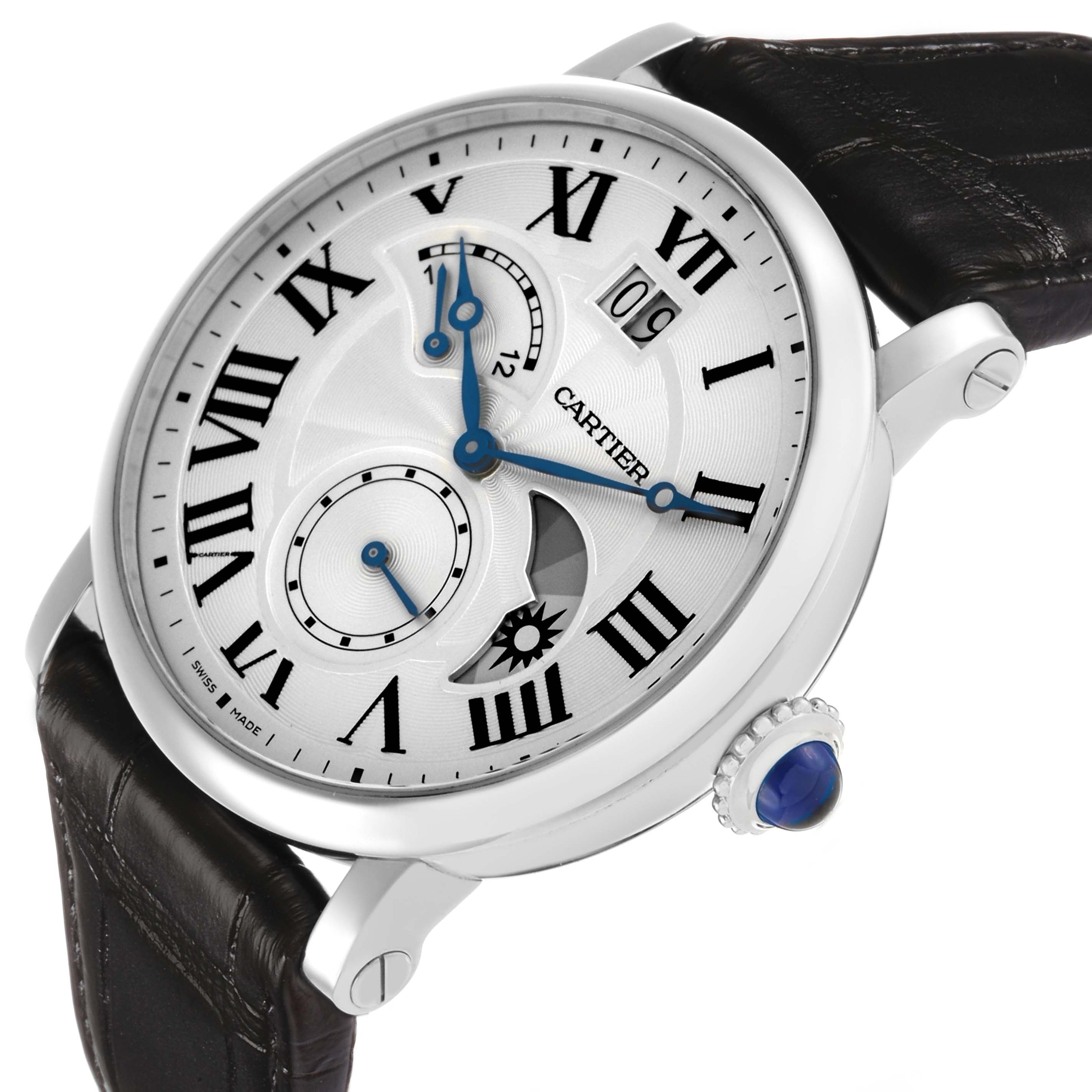The Cartier Rotonde W1556368 Men's Stainless Steel Silver Dial watch is shown from a low angle, displaying its face, Roman numerals, blued hands, and crown.