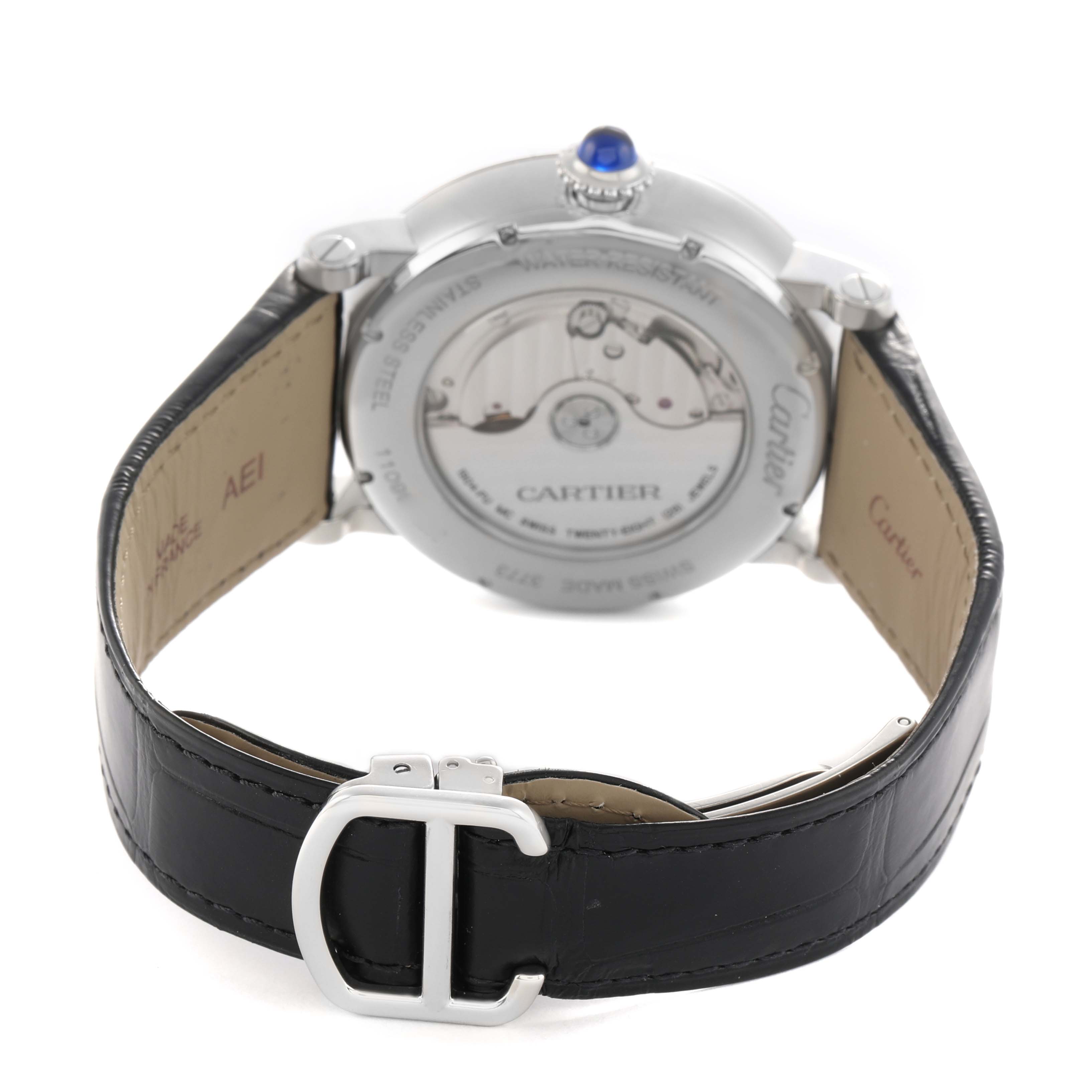 The image shows the back of the Cartier Rotonde W1556368 Men's Stainless Steel Silver Dial watch, highlighting the transparent case back and black leather strap with a deployant buckle.