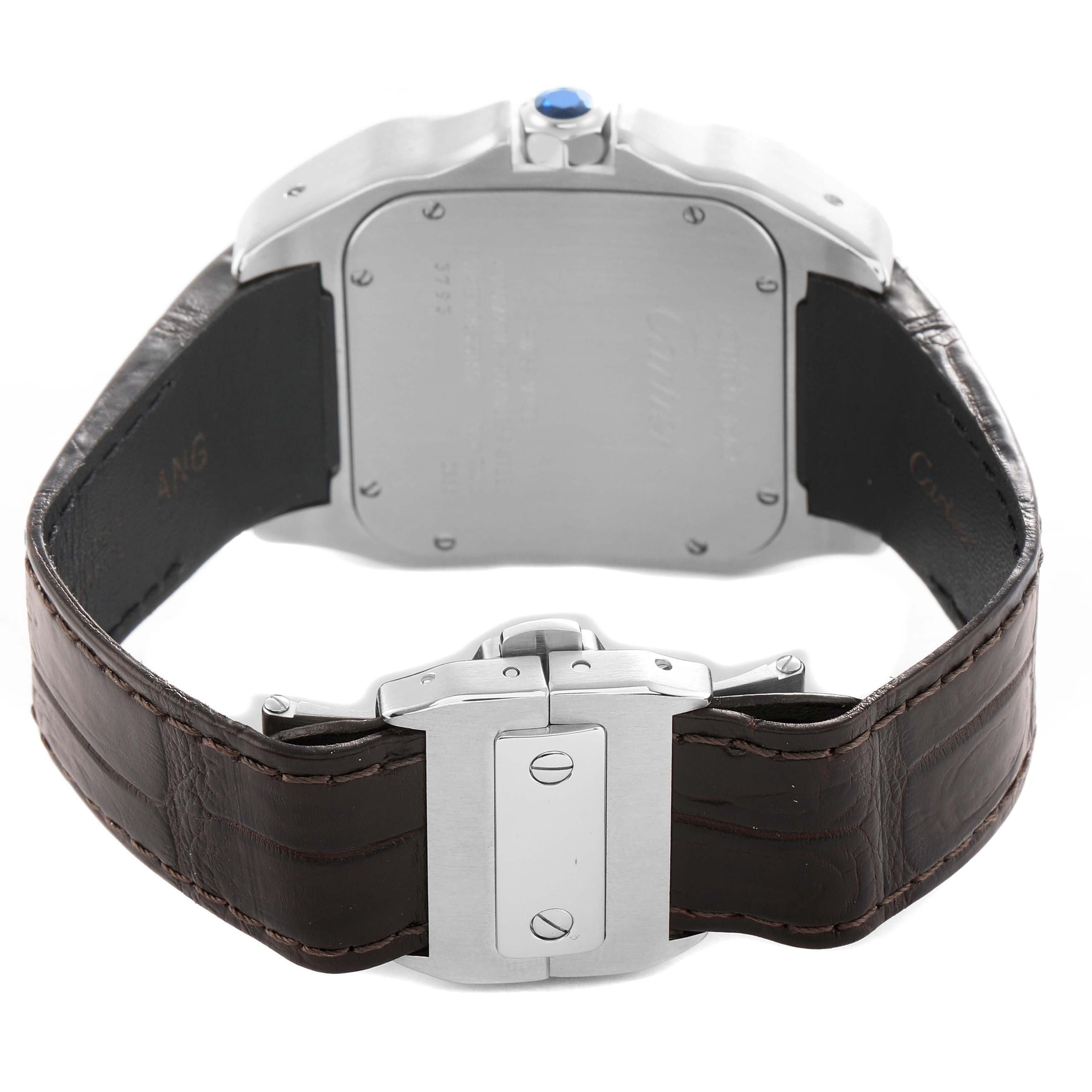 The image shows the back of a Cartier Santos W20073X8 Men's Stainless Steel Silver Dial watch, featuring its case, crown, and leather strap with a clasp.