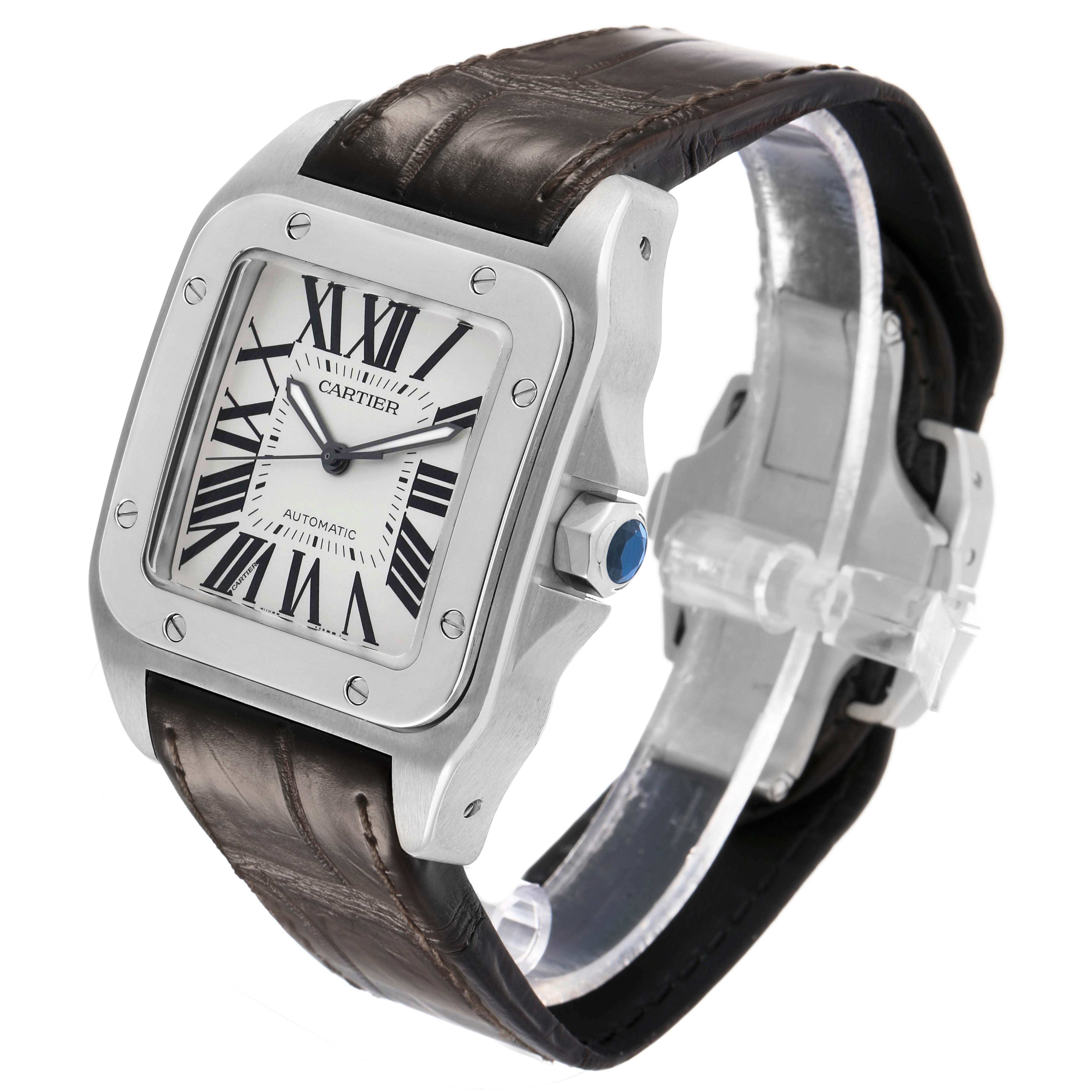 The Cartier Santos W20073X8 Men's Stainless Steel Silver Dial watch is shown from a three-quarter angle highlighting its case, dial, crown, and leather strap.