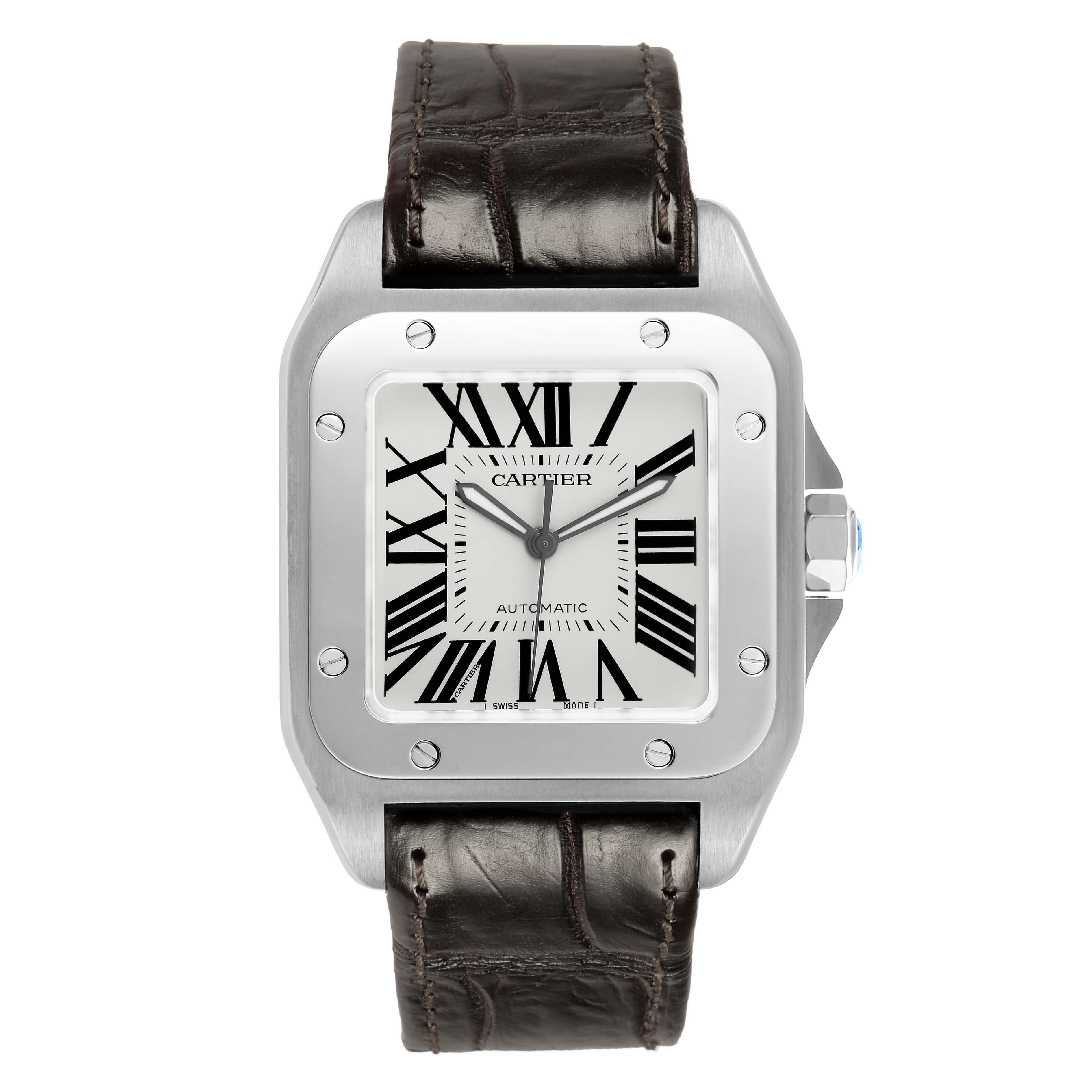 The Cartier Santos W20073X8 Men's Stainless Steel Silver Dial watch is shown from a front angle, highlighting the face, bezel, and leather strap.