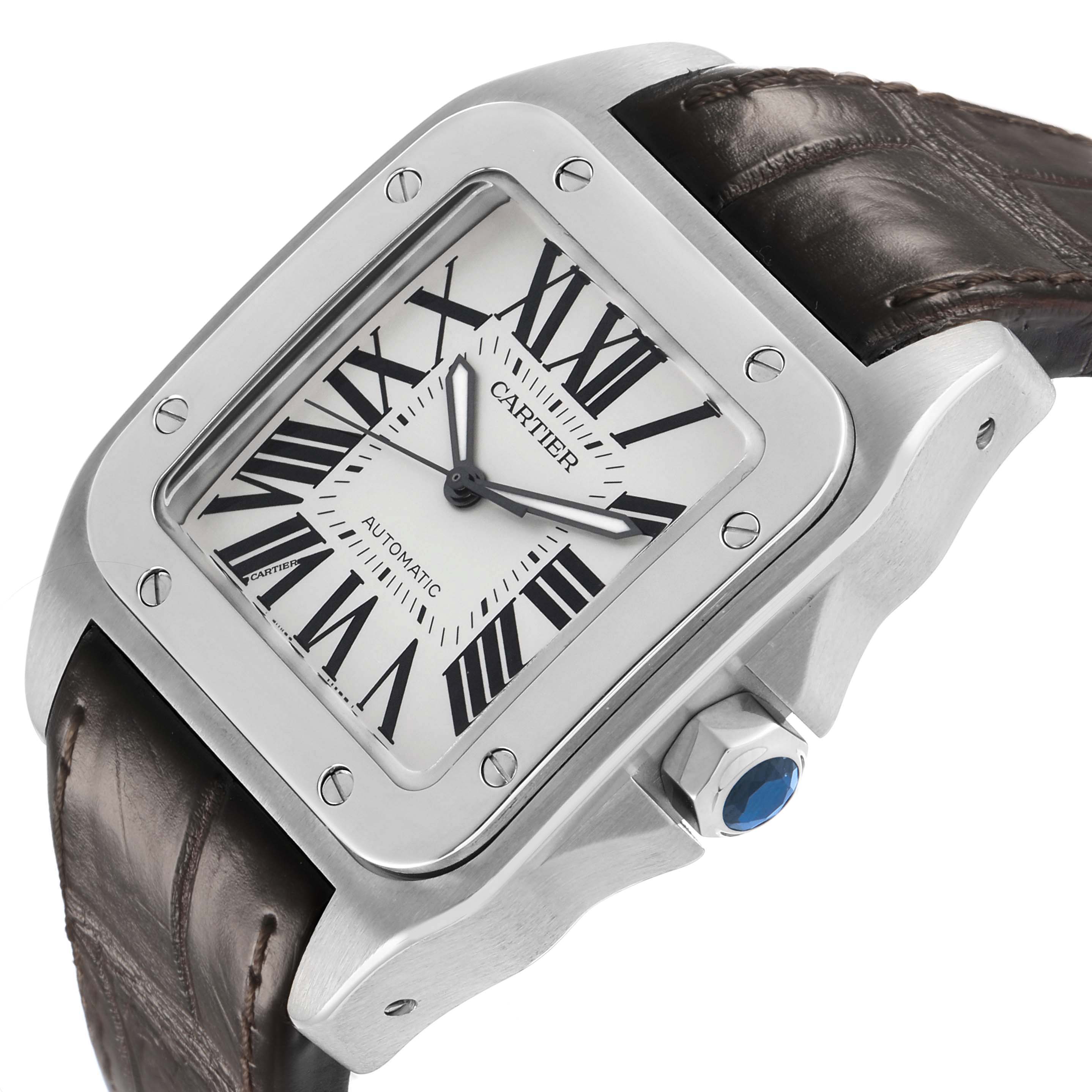 The Cartier Santos W20073X8 Men's Stainless Steel Silver Dial watch is shown from a side angle, highlighting the face, bezel, crown, and part of the leather strap.