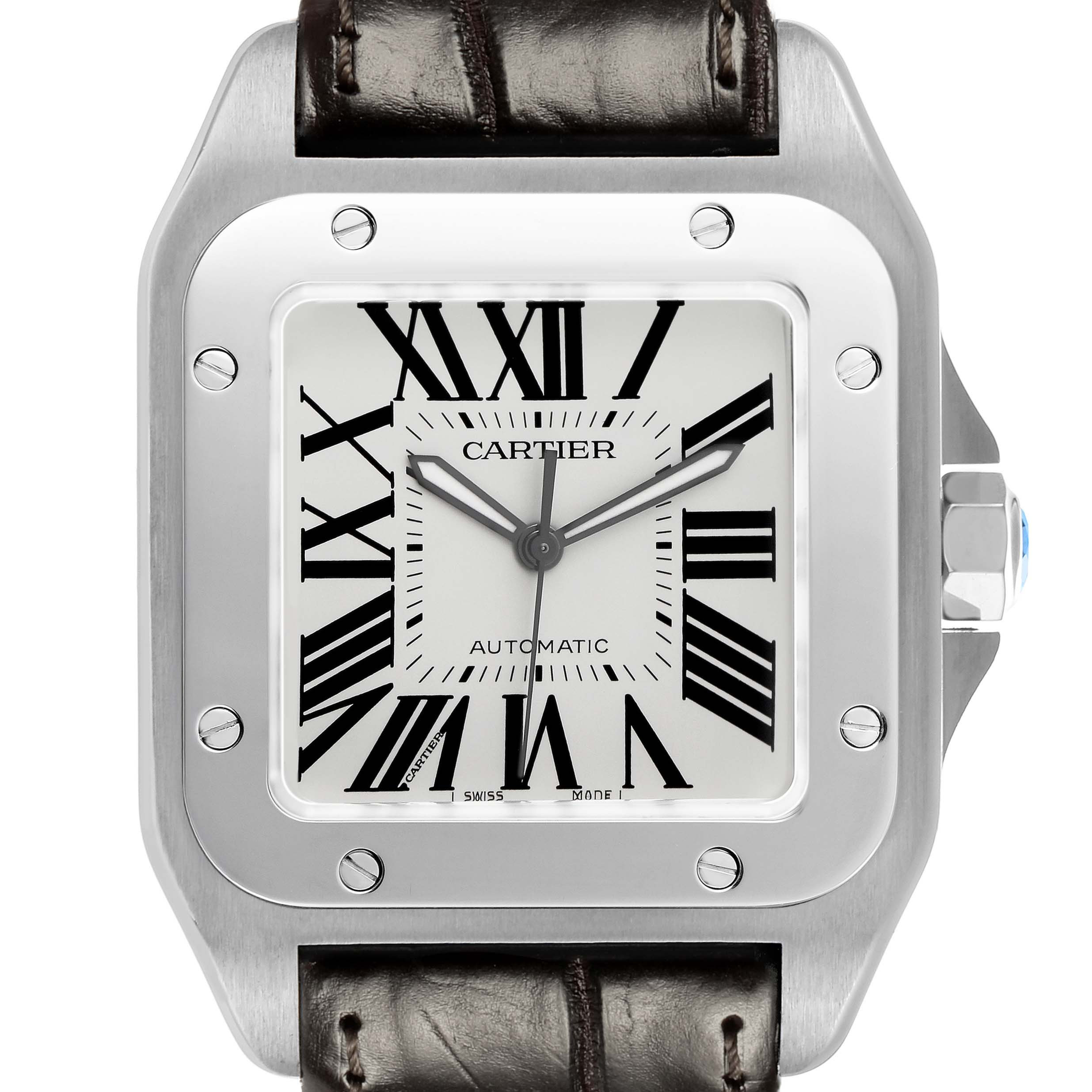 The Cartier Santos W20073X8 Men's Stainless Steel Silver Dial model watch is shown from the front, featuring the dial, bezel, and part of the strap.