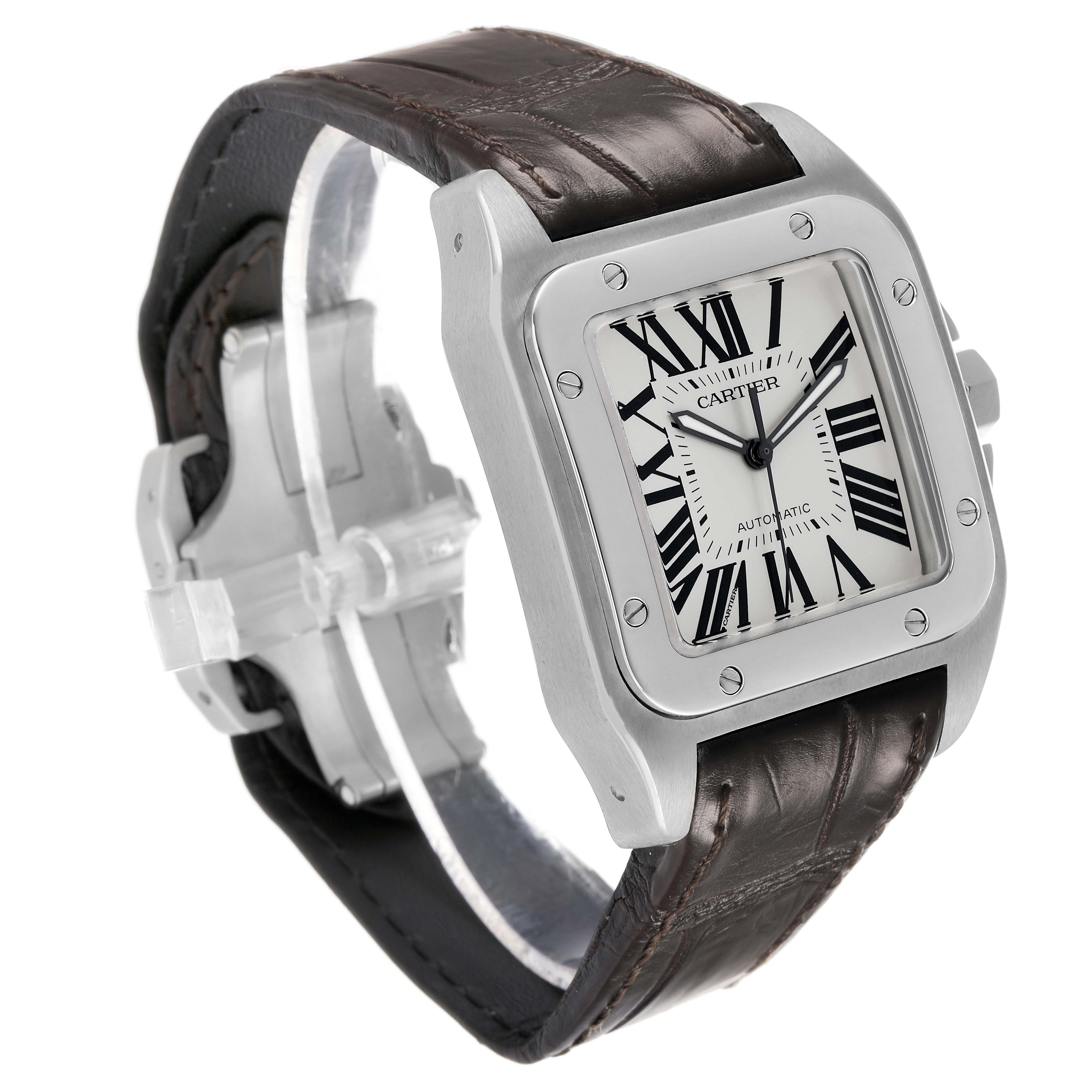 The Cartier Santos W20073X8 Men's Stainless Steel Silver Dial watch is shown at a three-quarter angle, highlighting the case, dial, crown, and leather strap.