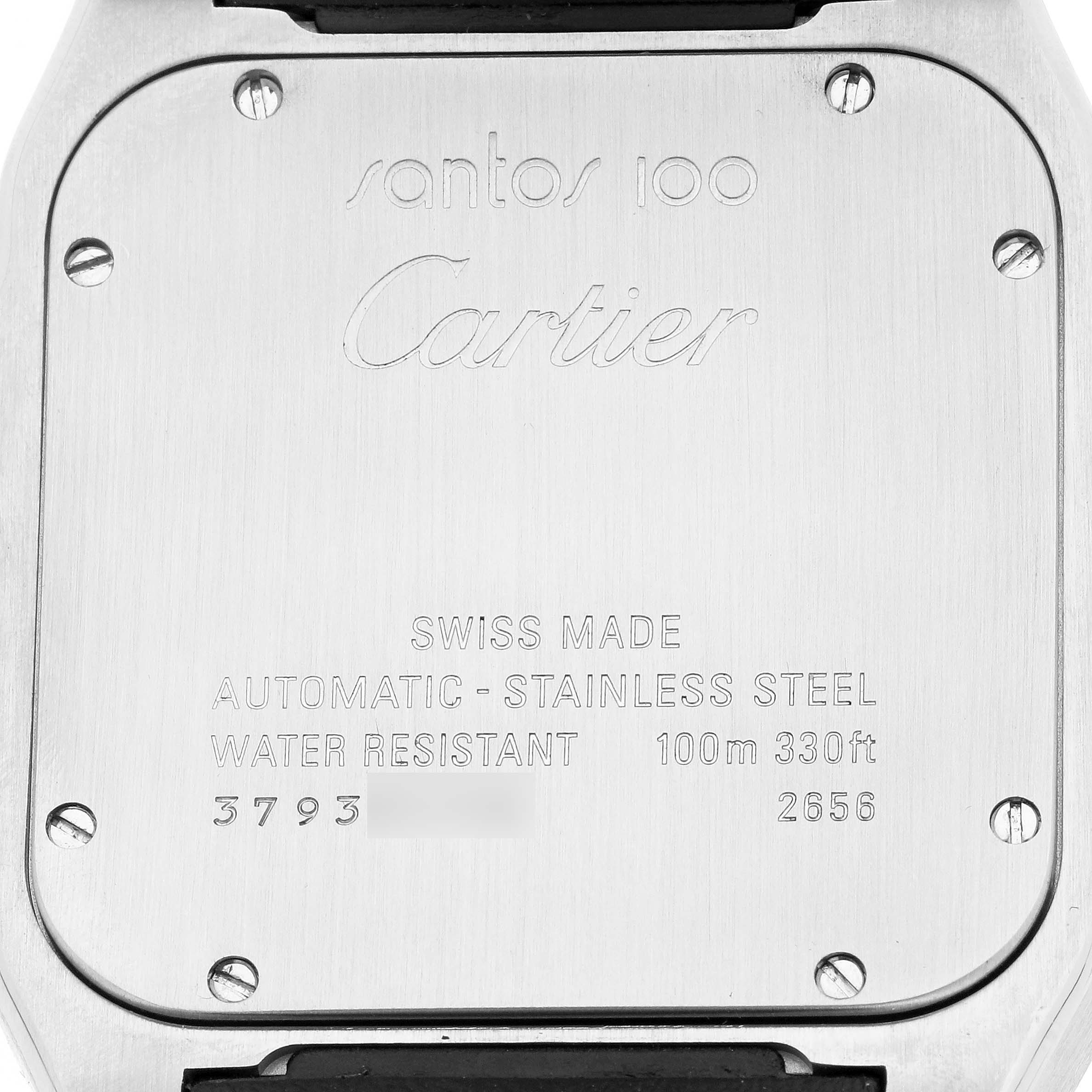 The image shows the back case of a Cartier Santos W20073X8 Men's Stainless Steel Silver Dial 100 watch, highlighting engravings and screws.