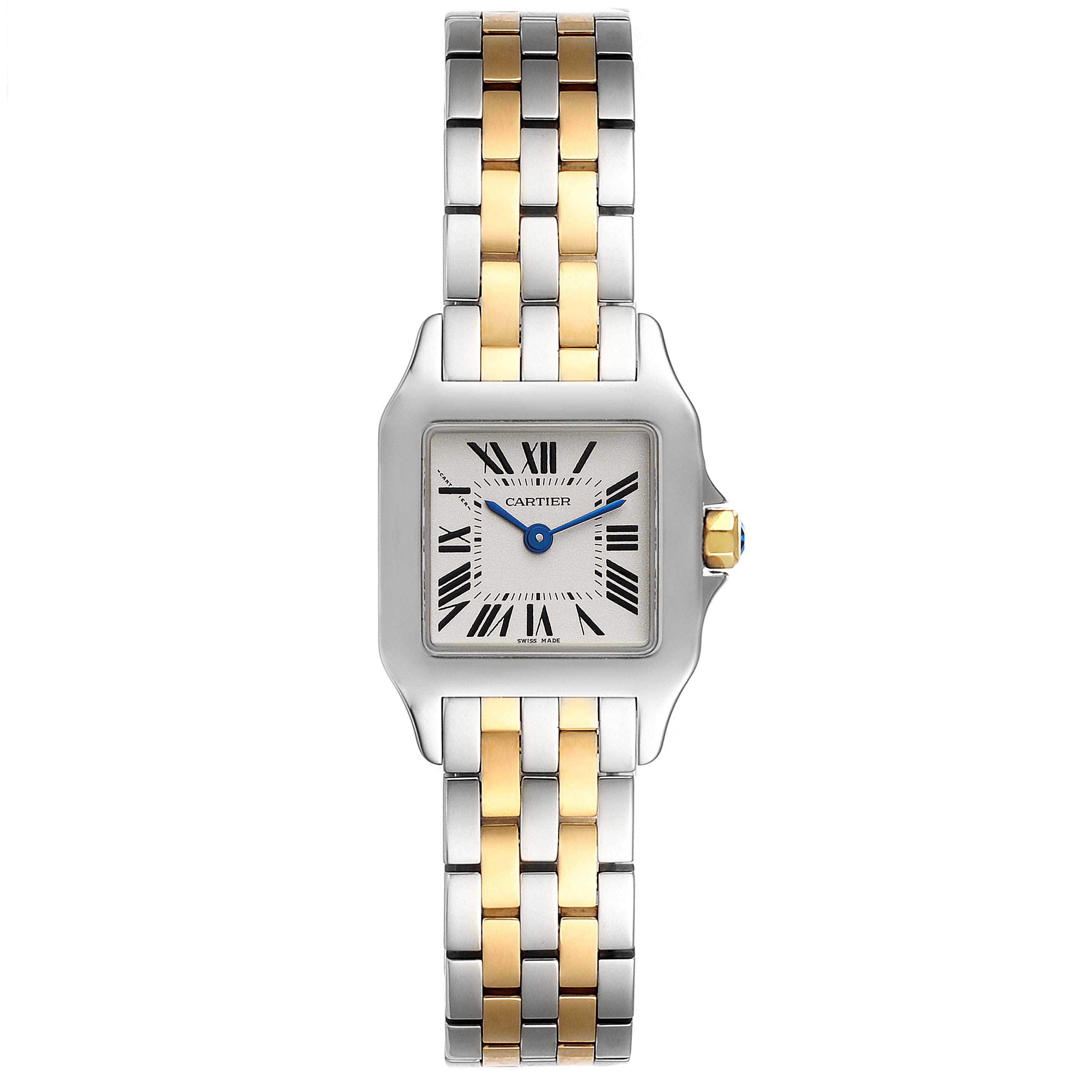 The image shows a frontal view of the Cartier Santos Demoiselle W25066Z6 Women's Steel and Gold (two tone) Silver Dial W25066Z6 Women's Steel and Gold (two tone) Silver Dial watch, highlighting its two-tone metal bracelet and square dial.