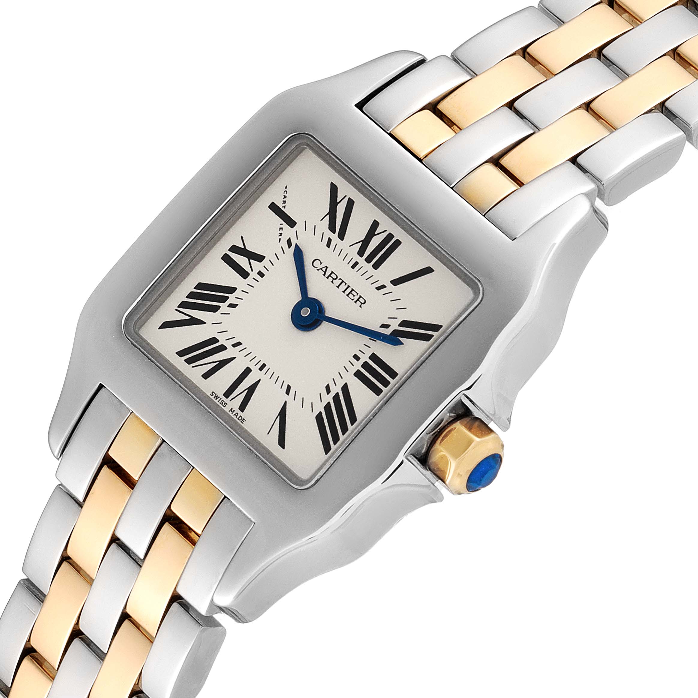 The image shows a close-up of a Cartier Santos Demoiselle W25066Z6 Women's Steel and Gold (two tone) Silver Dial W25066Z6 Women's Steel and Gold (two tone) Silver Dial watch, highlighting its square face, Roman numerals, and two-tone bracelet.