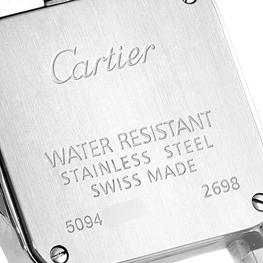 This image shows the back case of the Cartier Santos Demoiselle W25066Z6 Women's Steel and Gold (two tone) Silver Dial W25066Z6 Women's Steel and Gold (two tone) Silver Dial watch, highlighting the brand and specifications.