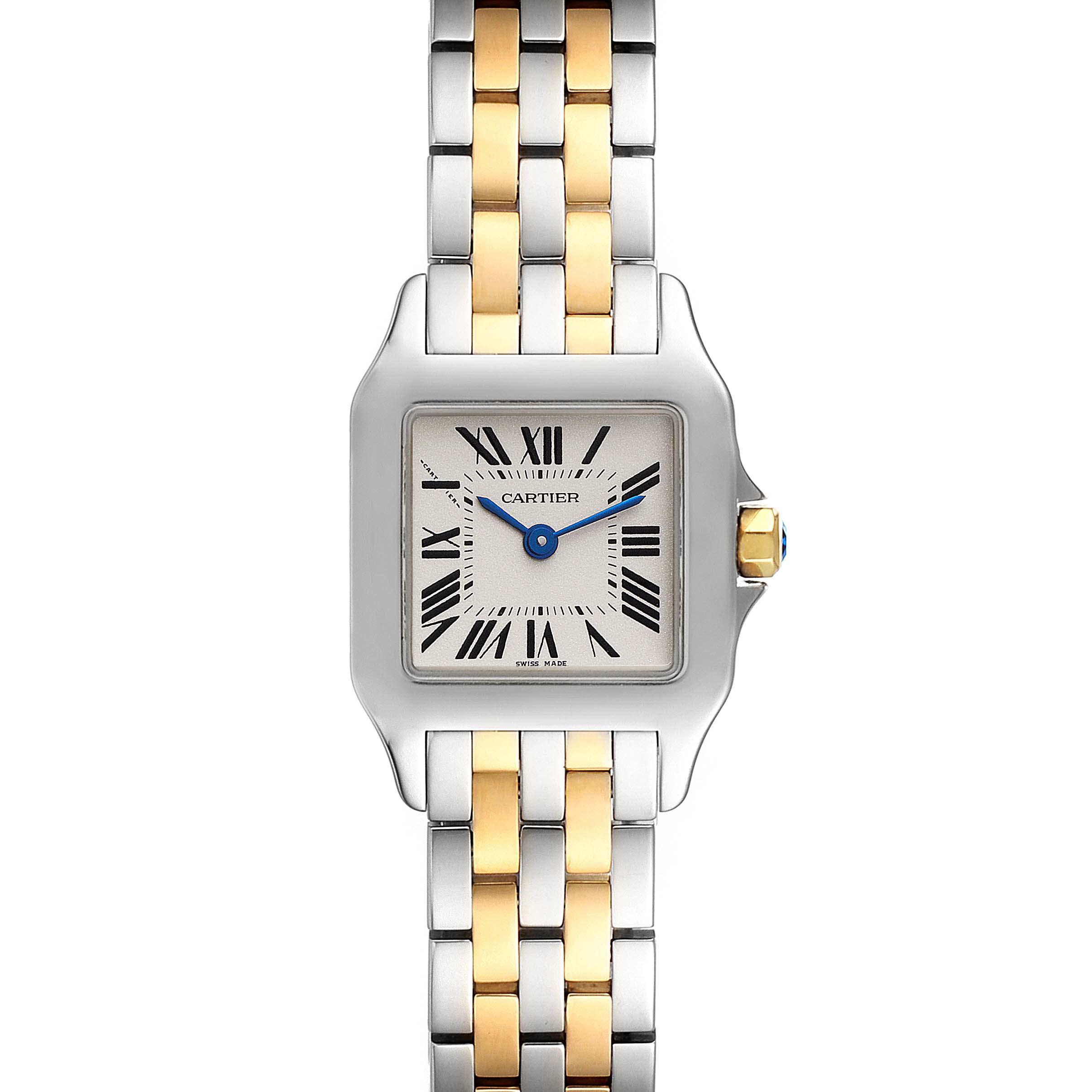 The Cartier Santos Demoiselle W25066Z6 Women's Steel and Gold (two tone) Silver Dial W25066Z6 Women's Steel and Gold (two tone) Silver Dial watch is shown from a front angle, displaying its face and part of the two-tone bracelet.