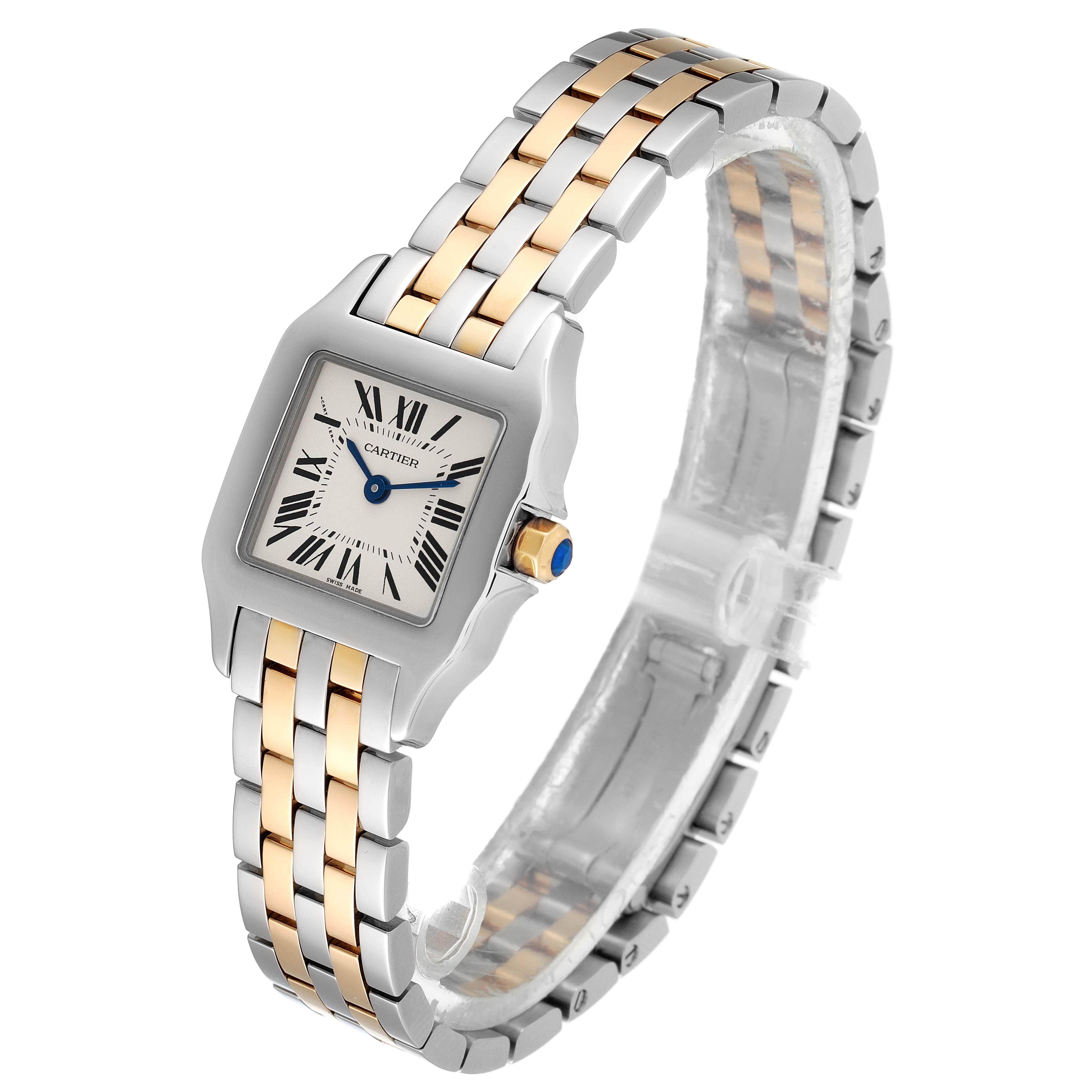 The Santos Demoiselle watch by Cartier is shown at a three-quarter view, displaying the face, bezel, and two-tone band.