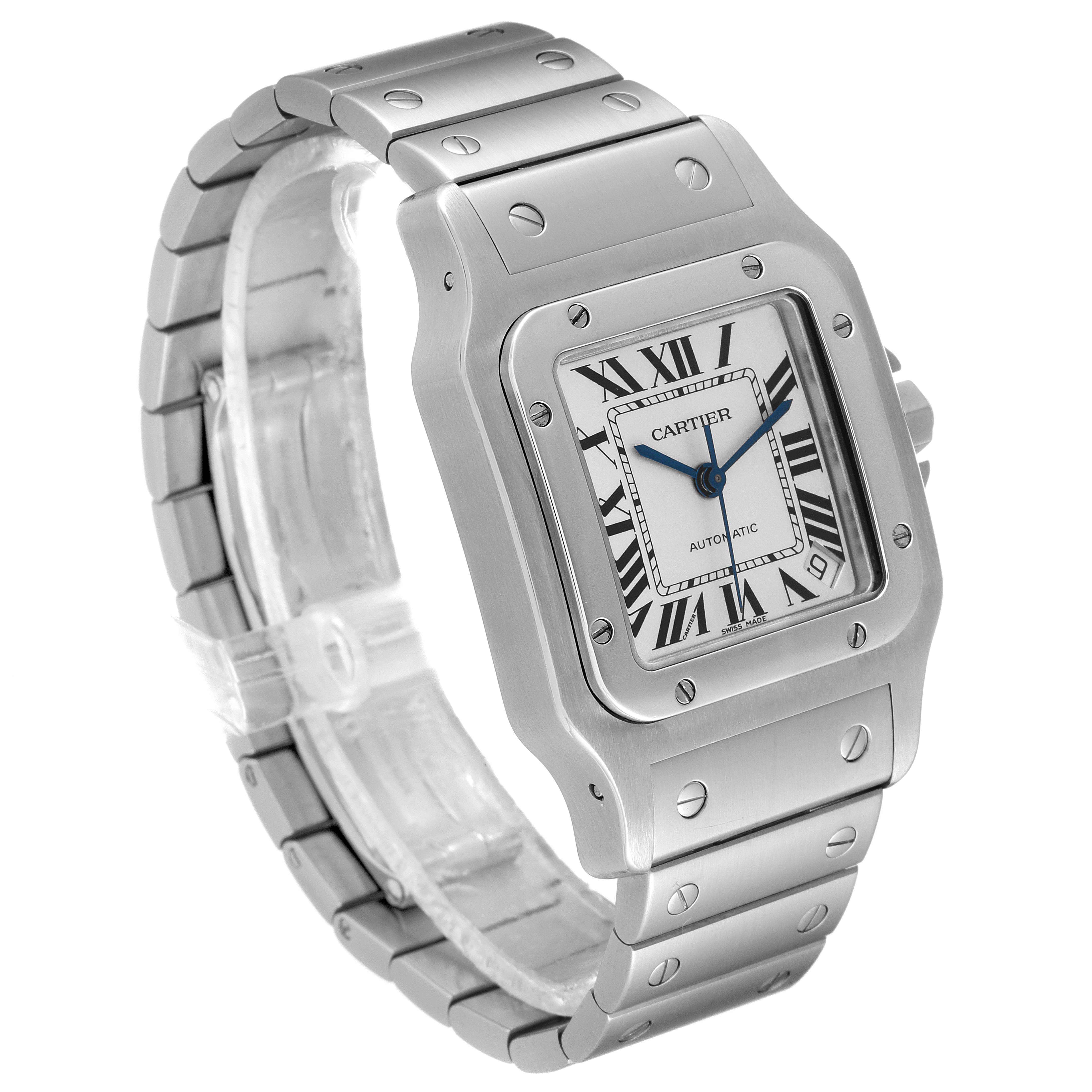 The image shows a Cartier Santos W20098D6 Men
s Stainless Steel Silver Dial W20098D6 Men
s Stainless Steel Silver Dial watch at an angle displaying the full face, case, and part of the bracelet.