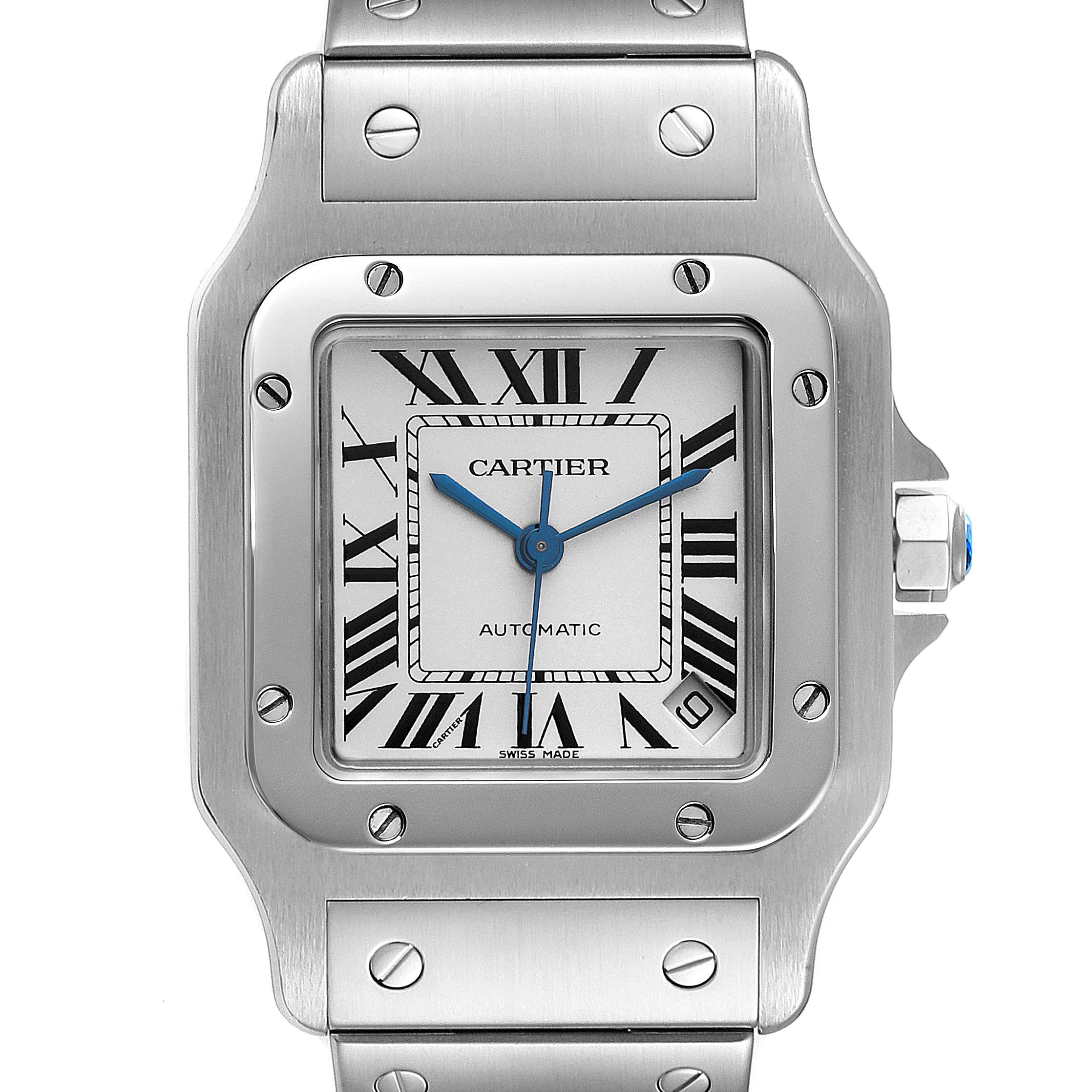 The image shows a Cartier Santos W20098D6 Men
s Stainless Steel Silver Dial W20098D6 Men
s Stainless Steel Silver Dial watch face with a silver bezel, Roman numerals, blue hands, and part of the bracelet.