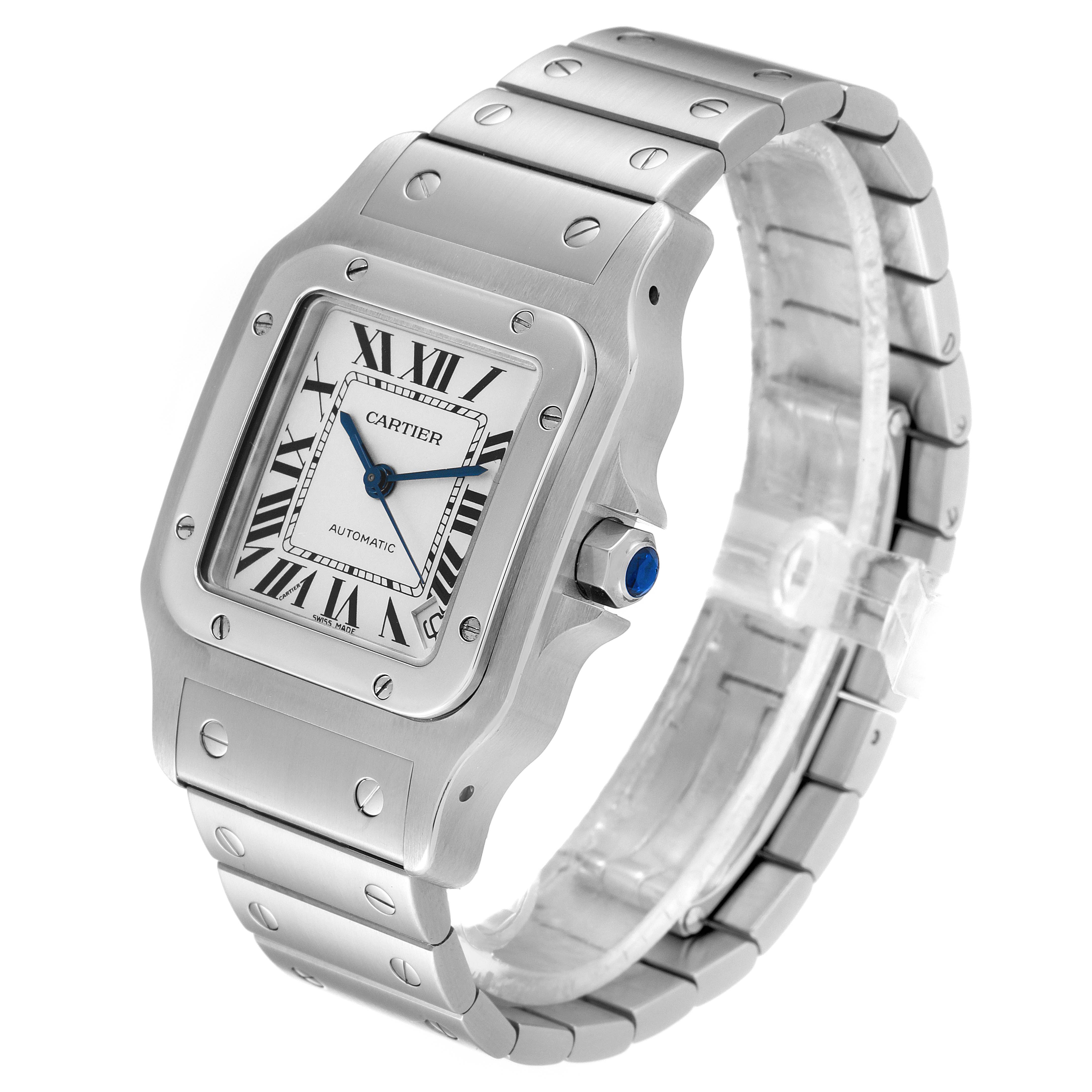 This image shows a Cartier Santos W20098D6 Men
s Stainless Steel Silver Dial W20098D6 Men
s Stainless Steel Silver Dial model watch at a three-quarter angle highlighting the face, bezel, bracelet, and crown.