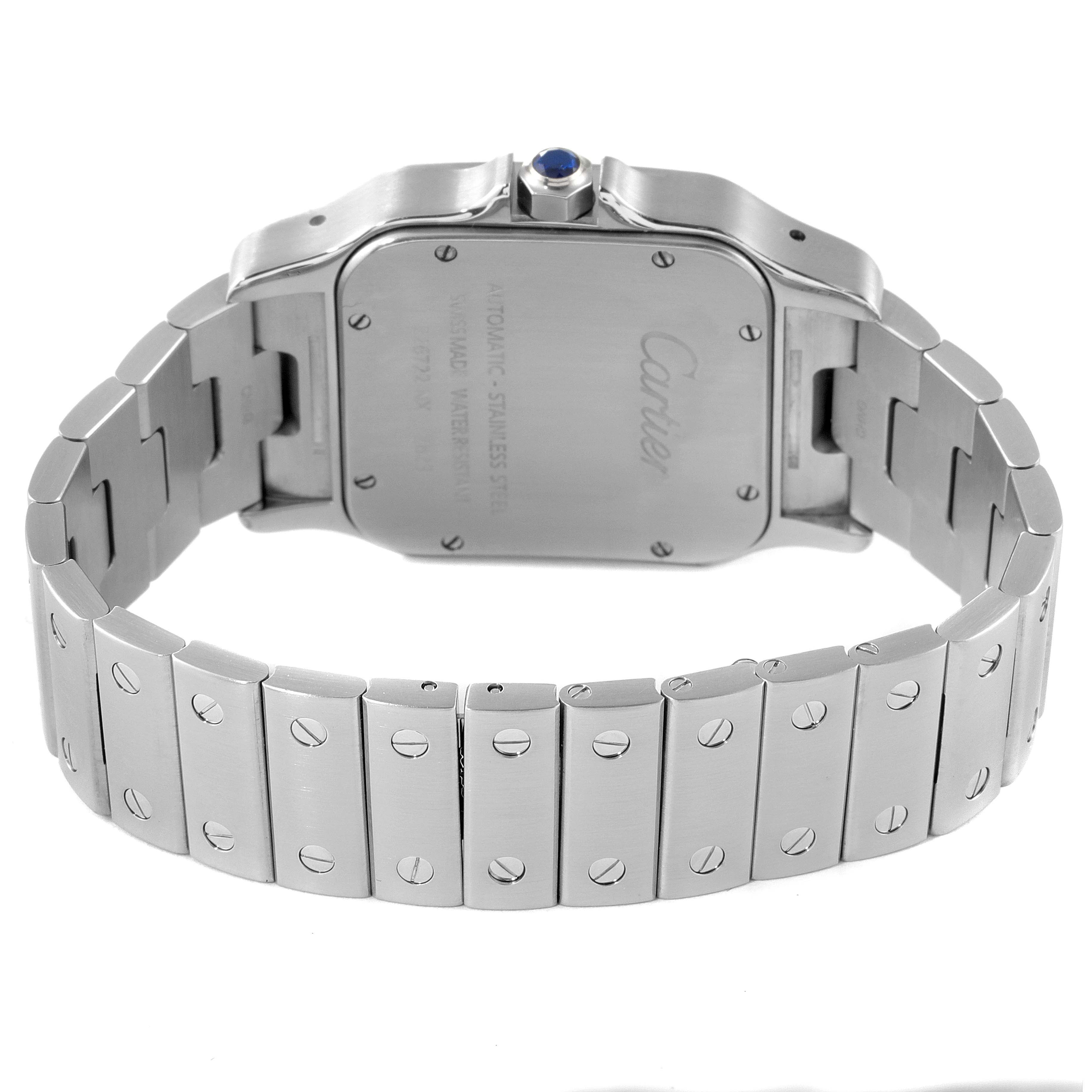 This image shows the back case and bracelet of a Cartier Santos W20098D6 Men
s Stainless Steel Silver Dial W20098D6 Men
s Stainless Steel Silver Dial watch, highlighting its metal links and engraved back.