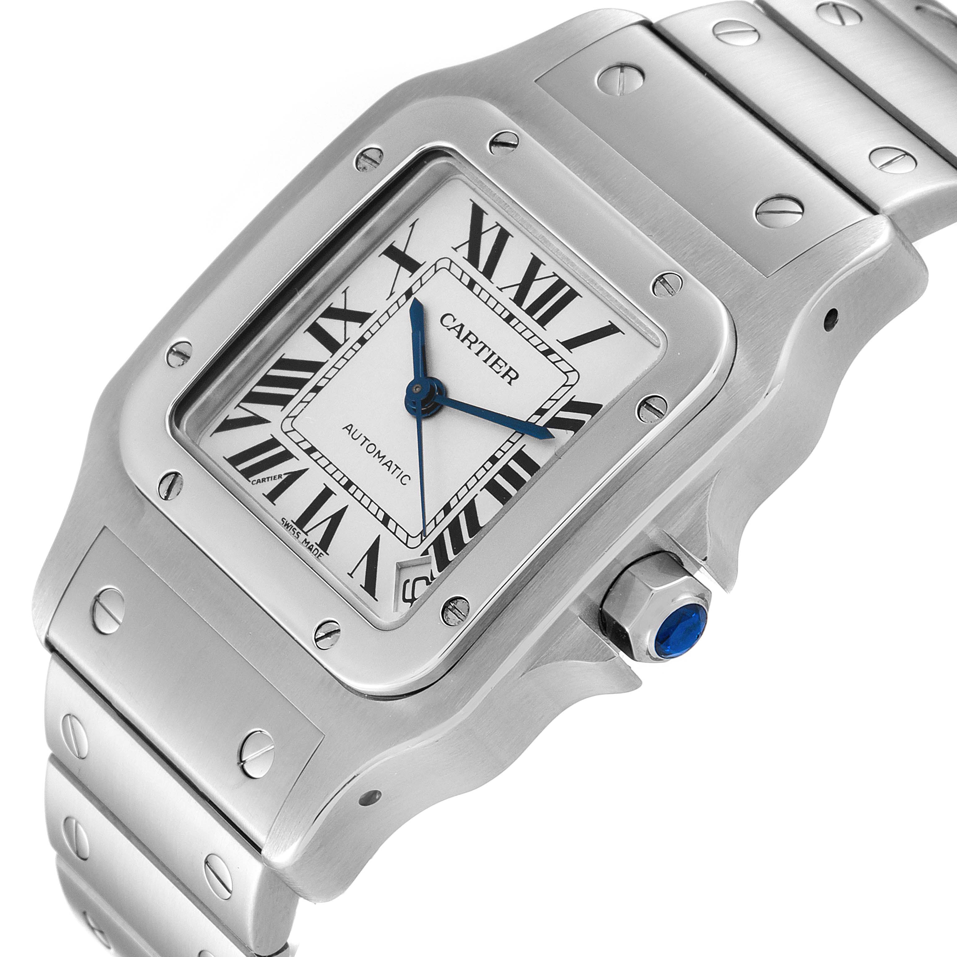 The image shows a close-up of a Cartier Santos W20098D6 Men
s Stainless Steel Silver Dial W20098D6 Men
s Stainless Steel Silver Dial watch face, bezel, and part of the bracelet at a slight side angle.