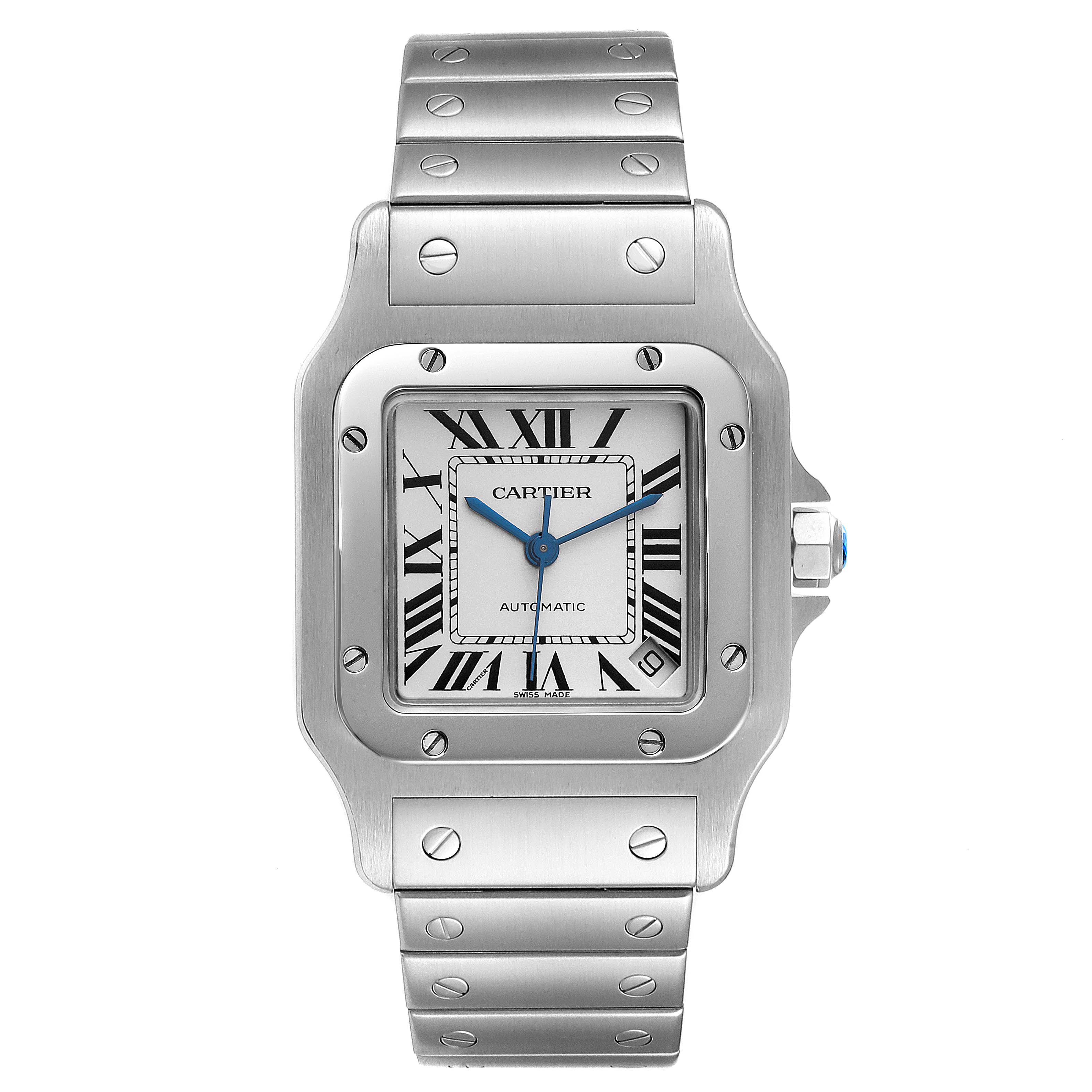 The image shows a Cartier Santos W20098D6 Men
s Stainless Steel Silver Dial W20098D6 Men
s Stainless Steel Silver Dial watch from the front, displaying the face, bezel, and part of the metal bracelet.