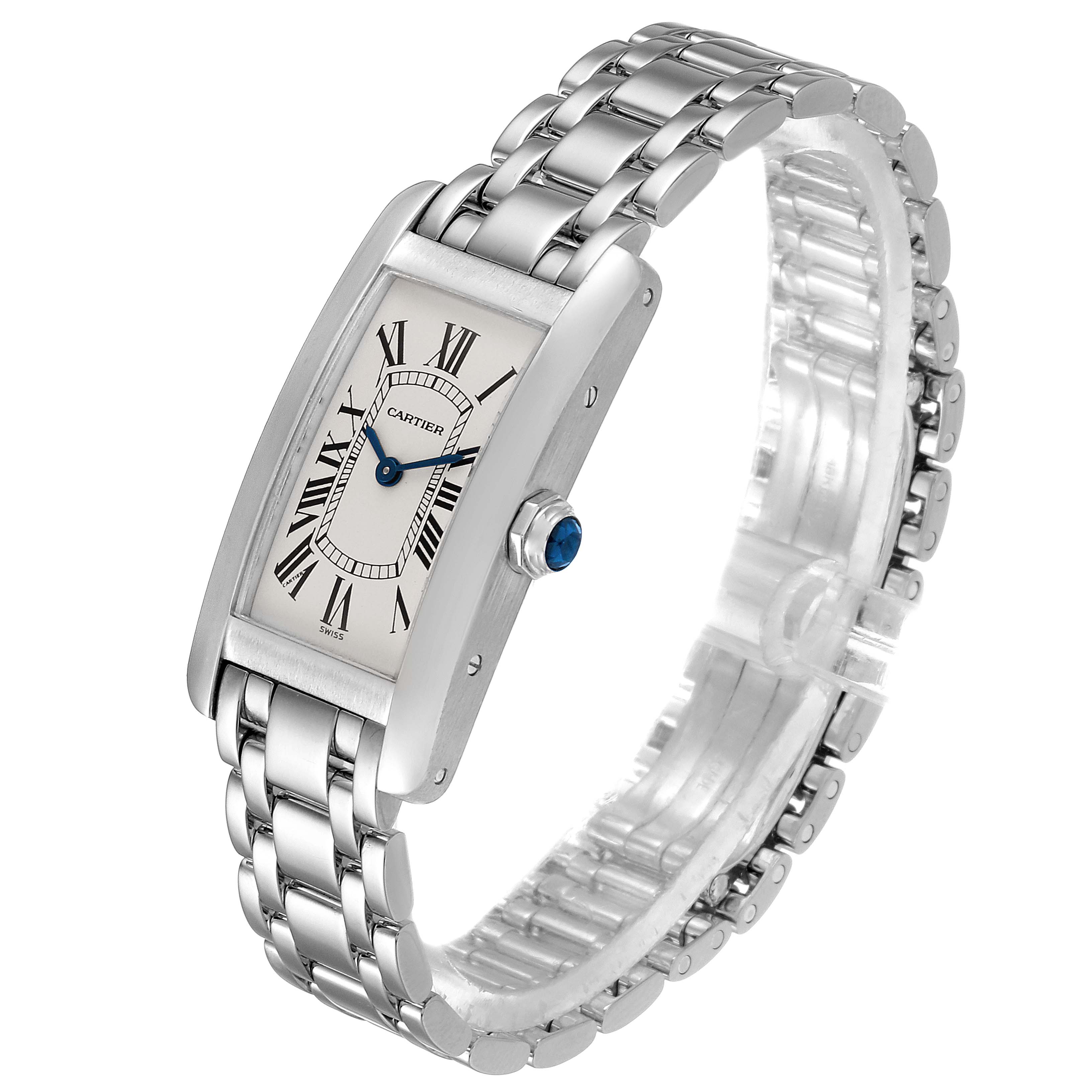 This image shows the face, bezel, crown, and bracelet of a Cartier Tank Americaine W26019L1  Women's White Gold Silver Dial W26019L1  Women's White Gold Silver Dial watch at a slight side angle.