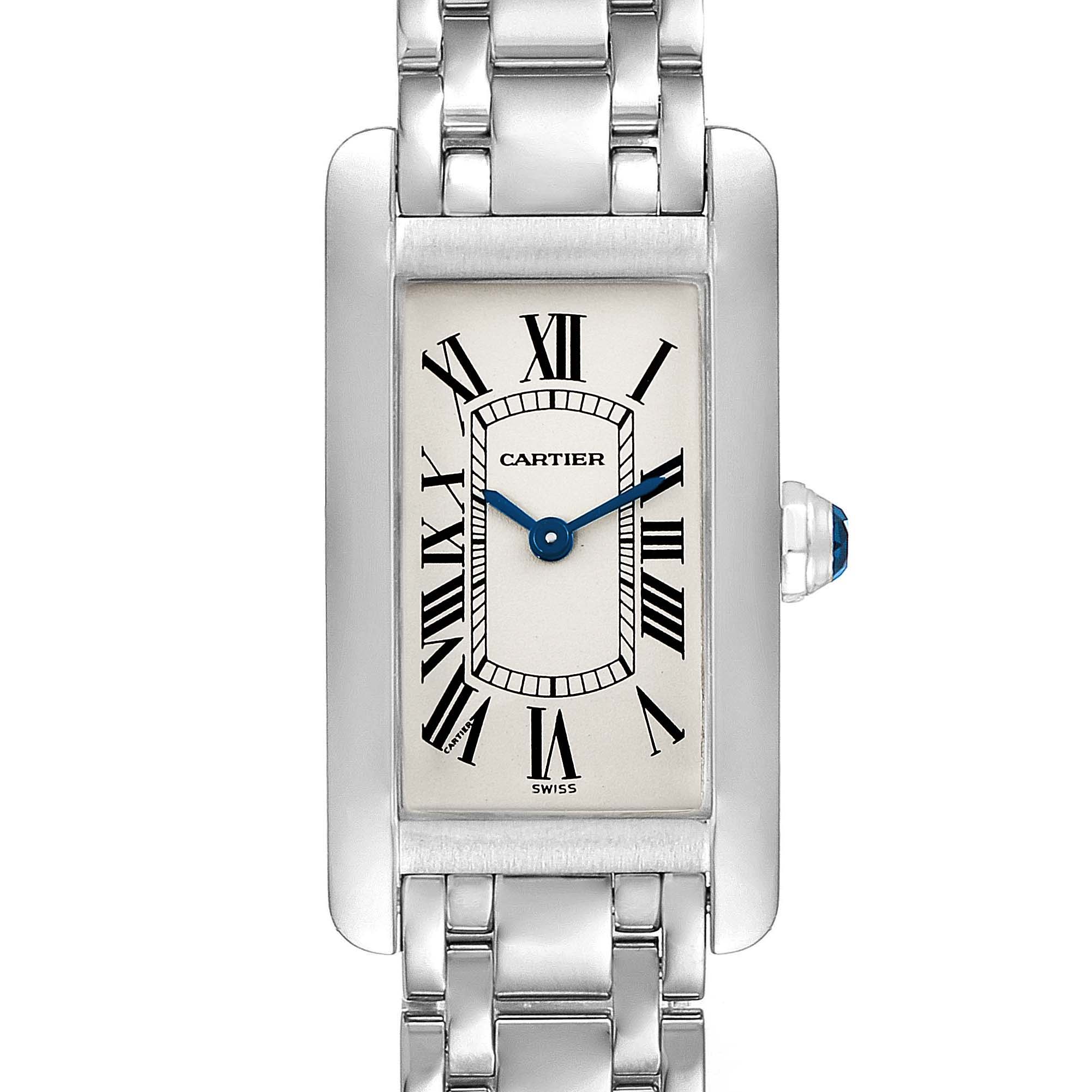 This image shows a front view of the Cartier Tank Americaine W26019L1  Women's White Gold Silver Dial W26019L1  Women's White Gold Silver Dial watch, highlighting its rectangular face, Roman numerals, and steel bracelet.