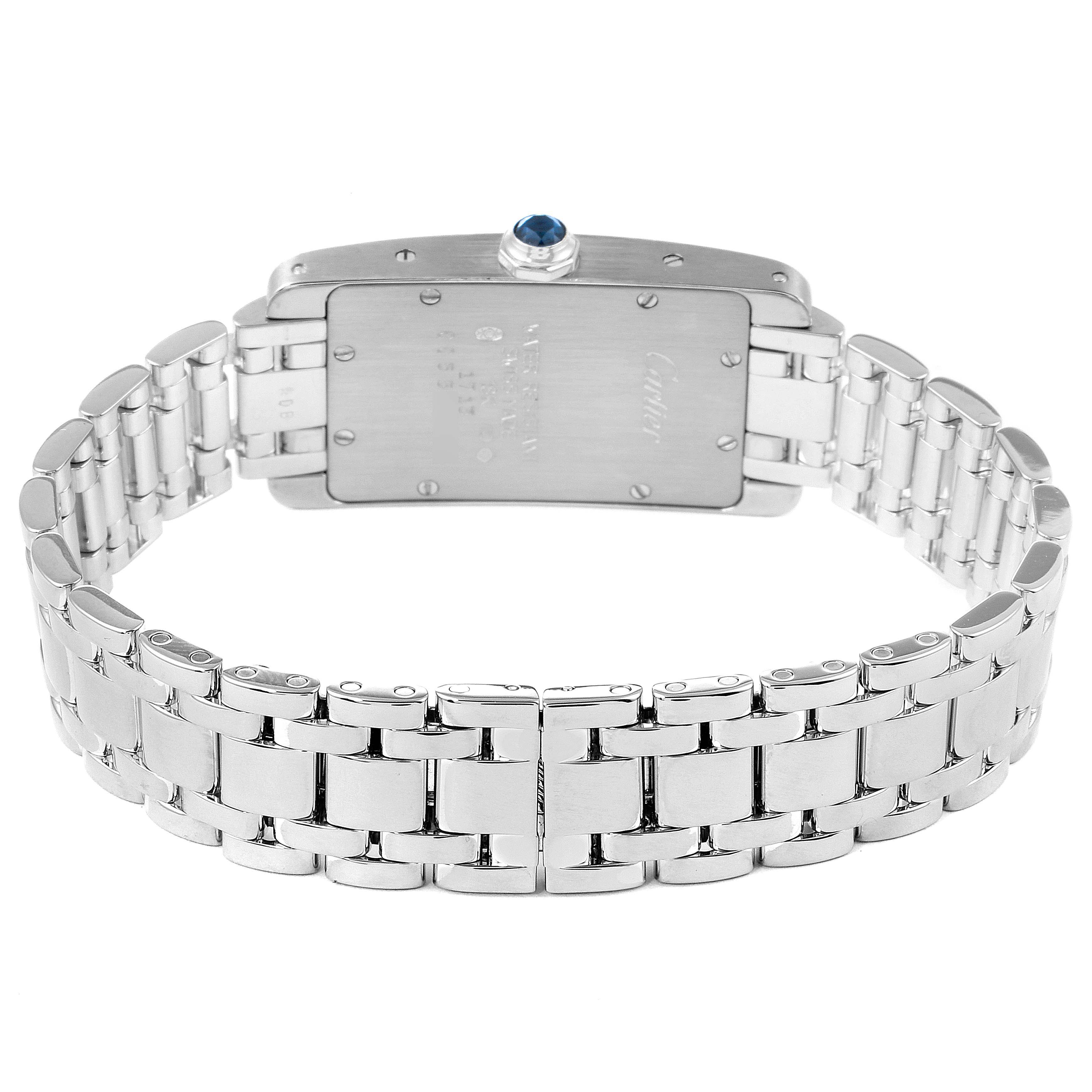 This image shows the back of the Cartier Tank Américaine watch and its metal bracelet.