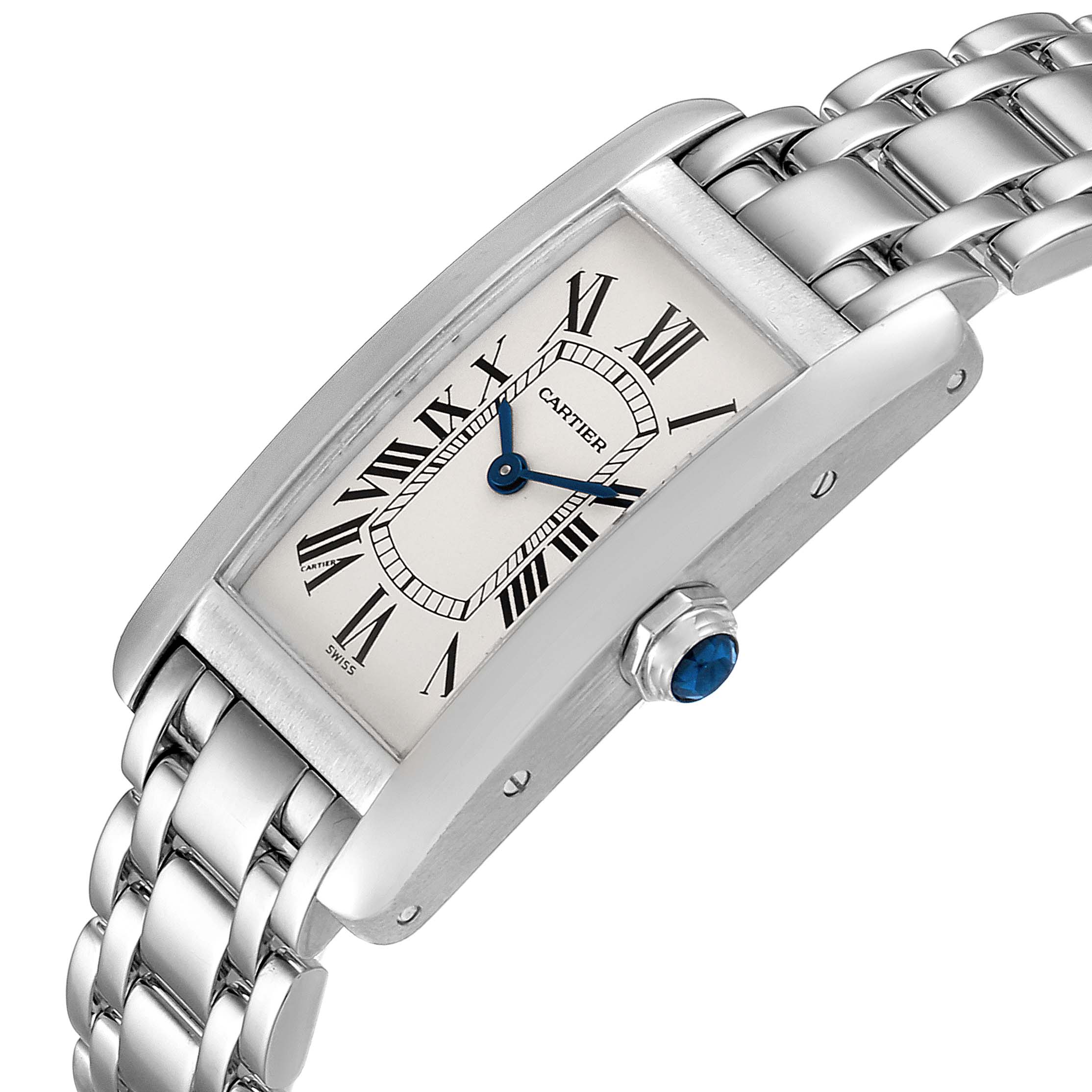 The image shows a close-up angled view of the Cartier Tank Americaine W26019L1  Women's White Gold Silver Dial W26019L1  Women's White Gold Silver Dial watch, highlighting the face, crown jewel, and part of the bracelet.