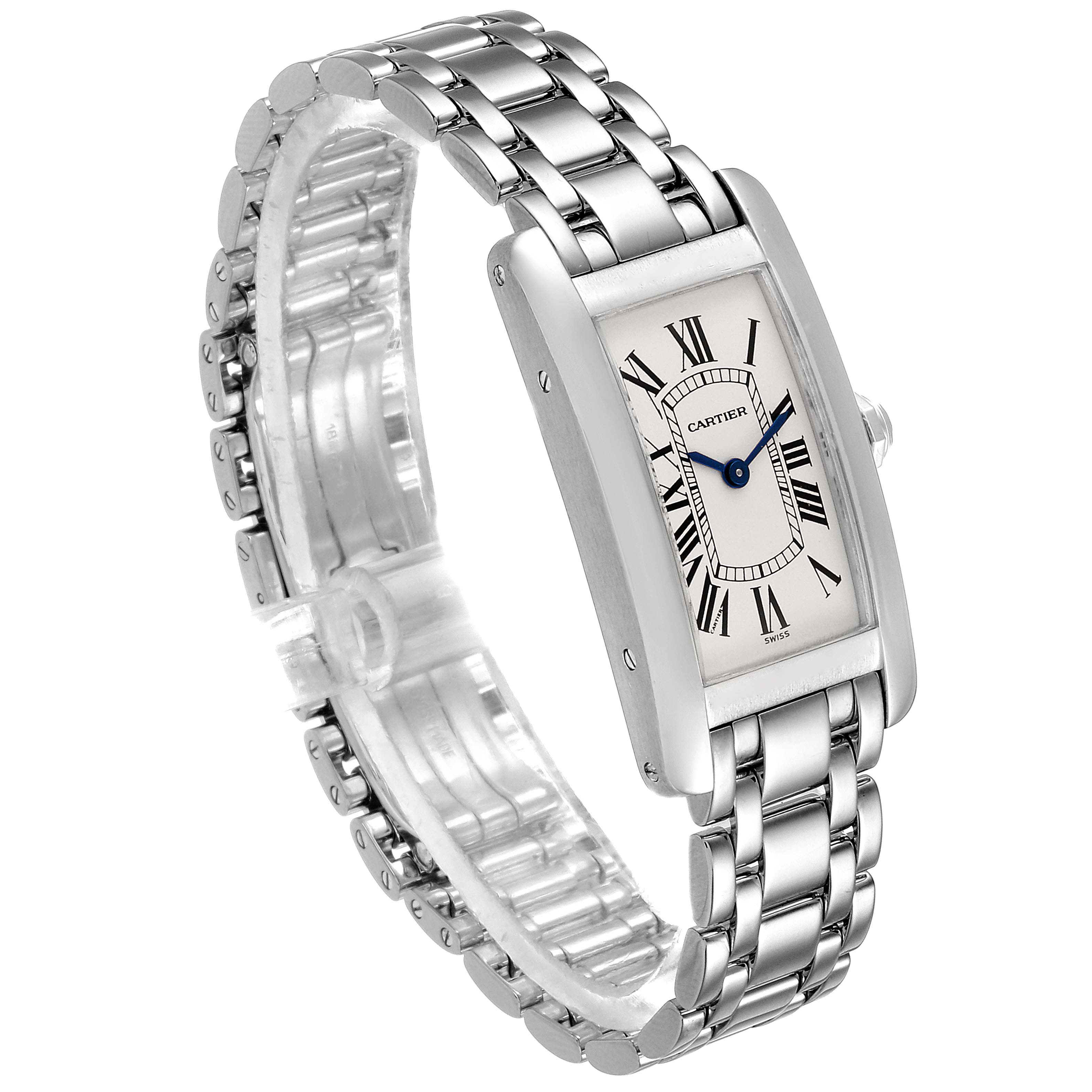 The image shows a side angle of the Cartier Tank Americaine W26019L1  Women's White Gold Silver Dial W26019L1  Women's White Gold Silver Dial watch, highlighting its rectangular face and stainless steel bracelet.