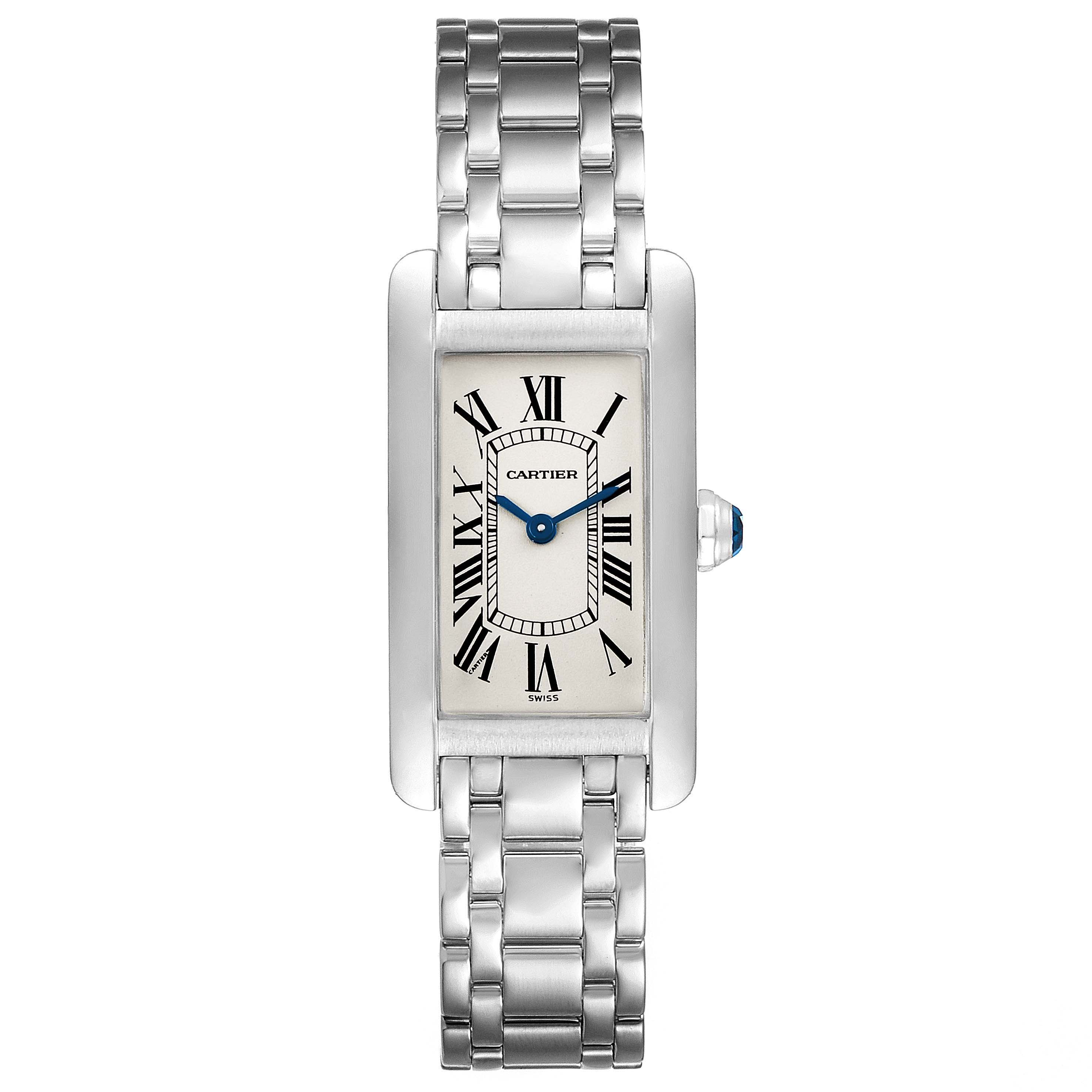 This image shows a frontal view of the Cartier Tank Americaine W26019L1  Women's White Gold Silver Dial W26019L1  Women's White Gold Silver Dial watch, displaying its rectangular face and metal bracelet.