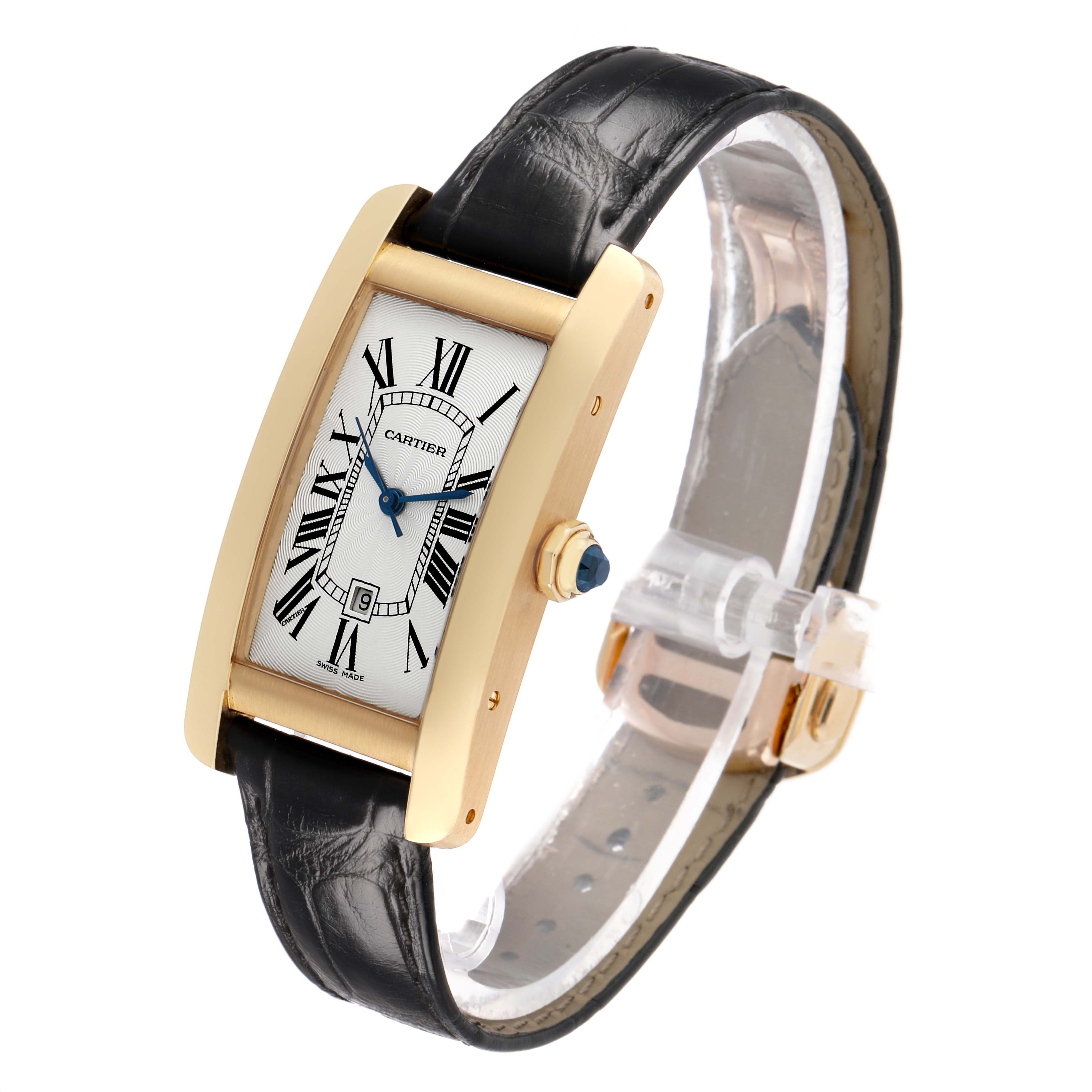 The Cartier Tank Americaine WGTA0040 Women's Rose Gold Silver Dial watch is shown at an angle highlighting its rectangular face, gold case, and black leather strap.