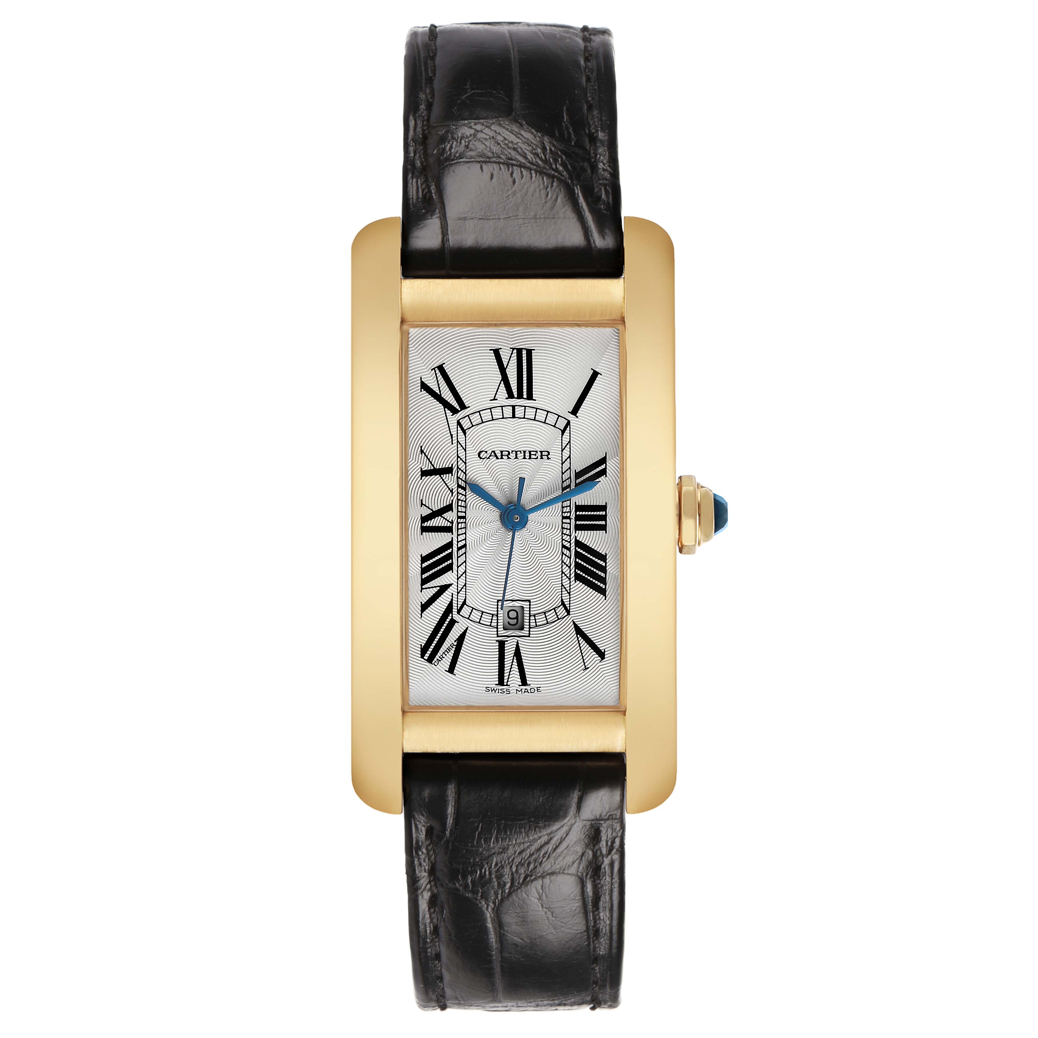 The Cartier Tank Americaine WGTA0040 Women's Rose Gold Silver Dial watch is shown from a top-down angle, highlighting its rectangular face, Roman numerals, and leather strap.