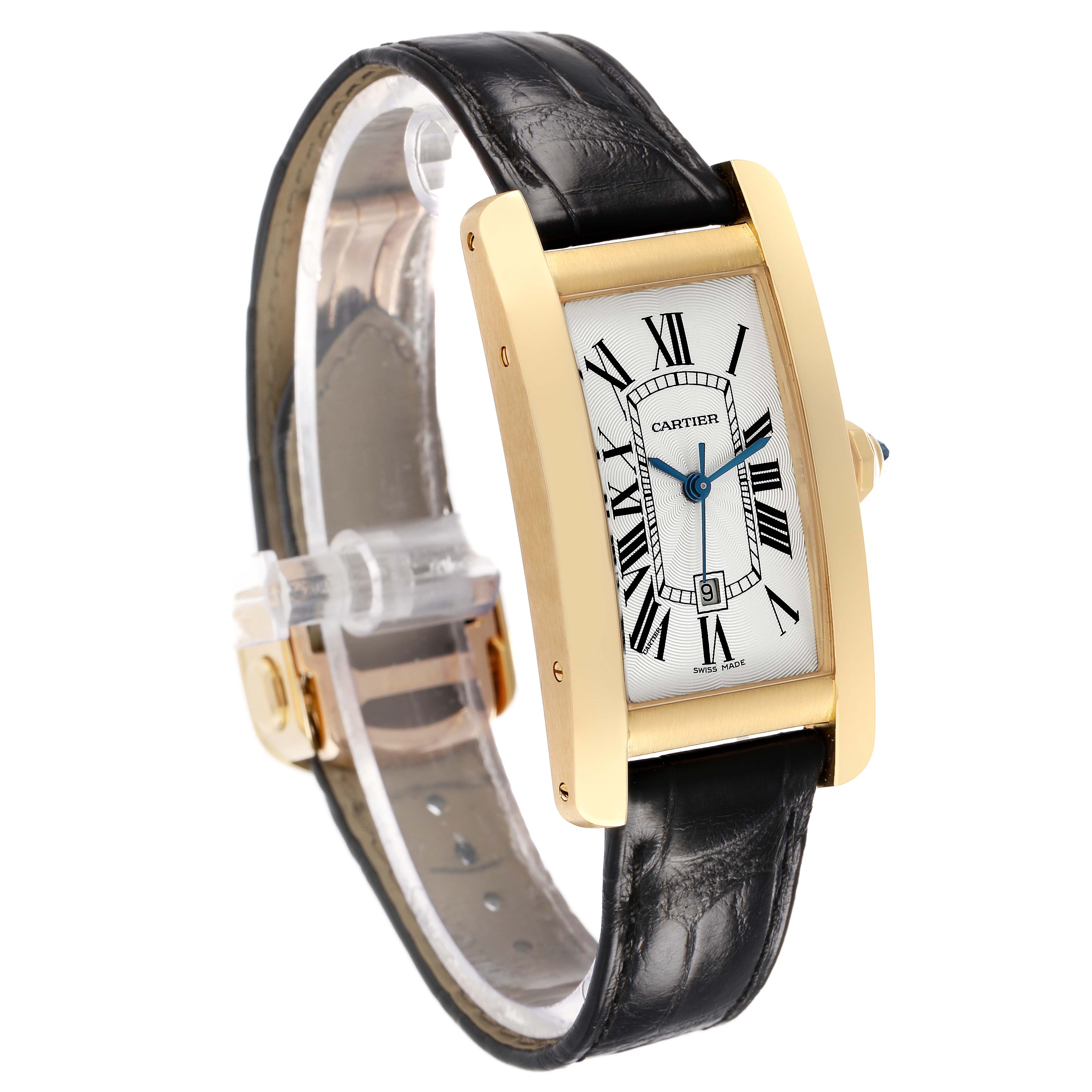The Cartier Tank Americaine WGTA0040 Women's Rose Gold Silver Dial watch is shown at a slight angle, highlighting its face, rectangular gold case, and black leather strap.