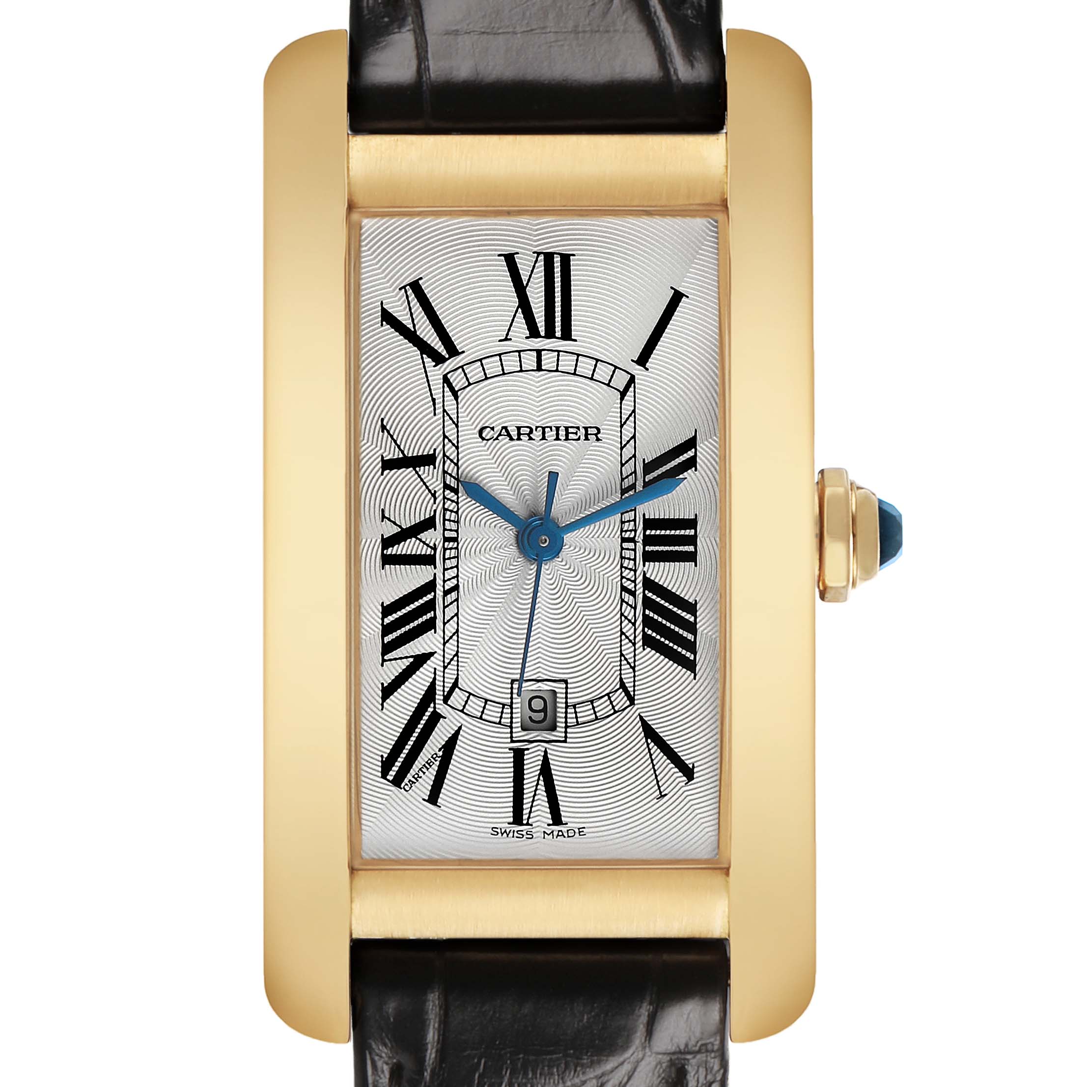 The Cartier Tank Americaine WGTA0040 Women's Rose Gold Silver Dial watch is shown from the front, displaying the dial, gold case, and black leather strap.