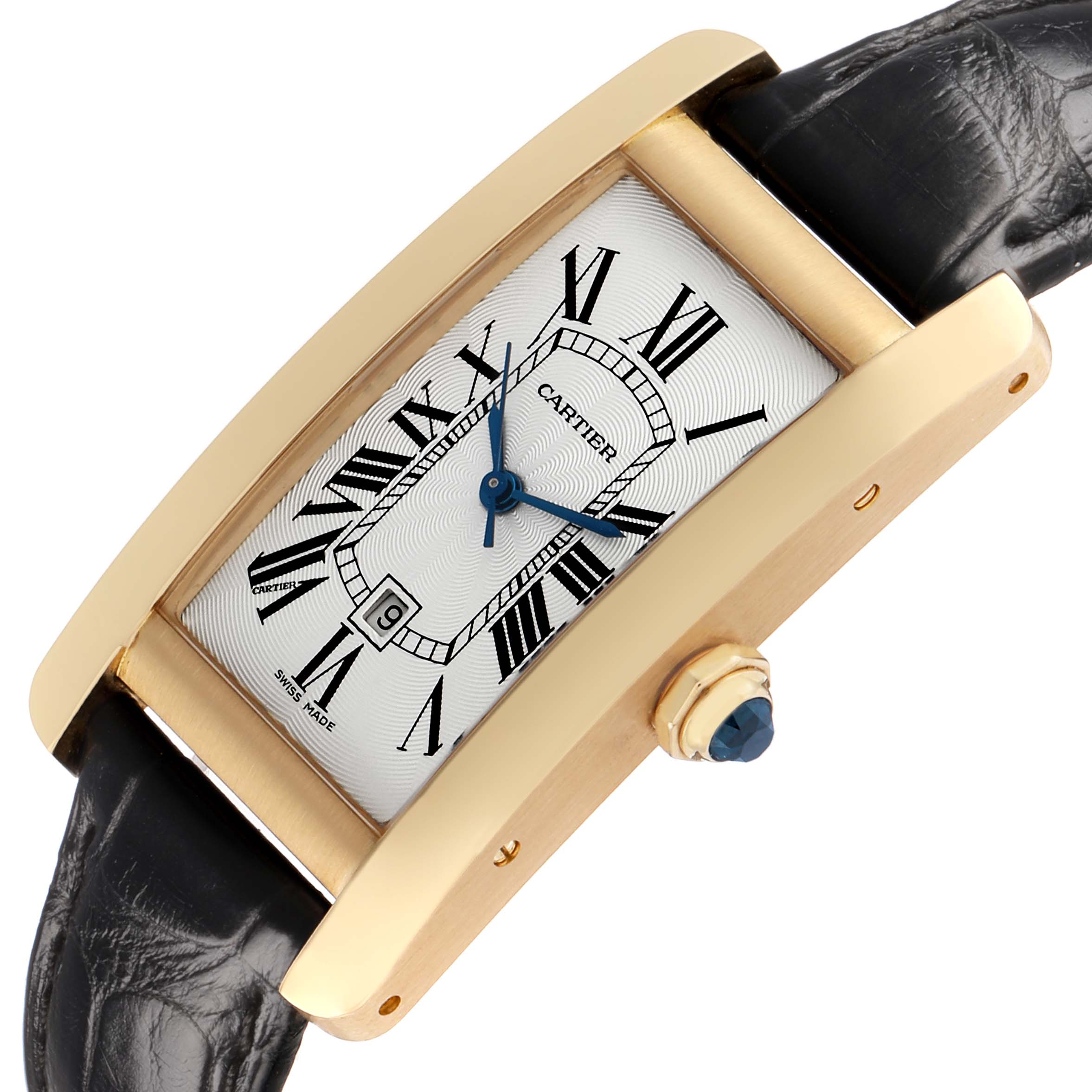 The Cartier Tank Americaine WGTA0040 Women's Rose Gold Silver Dial is shown at a slight angle, displaying the dial, crown, case side, and partial strap.