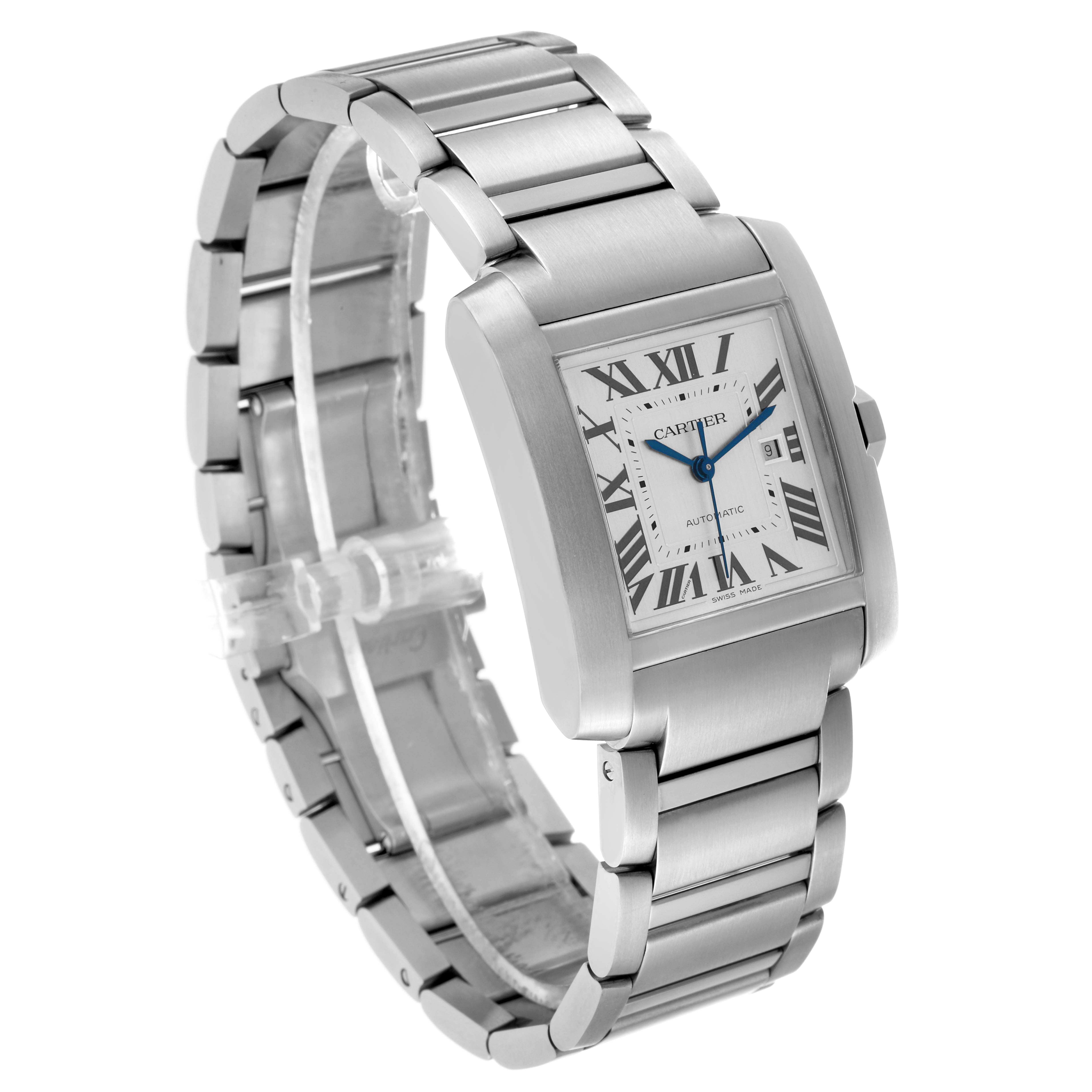 The Cartier Tank Francaise WSTA0067 Men's Stainless Steel Silver Dial watch is shown at a three-quarter angle, featuring the bracelet, case, and face details.