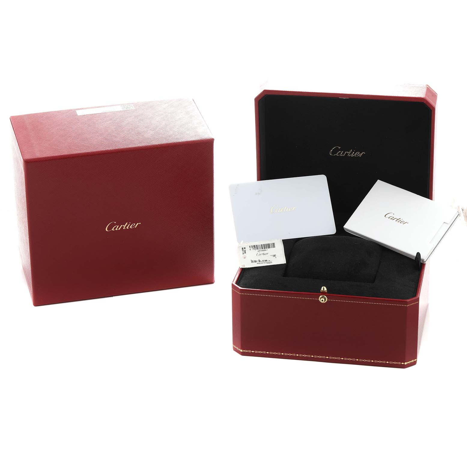 The image shows a Cartier Tank Française box set, including a red box, a watch tray, and documentation.